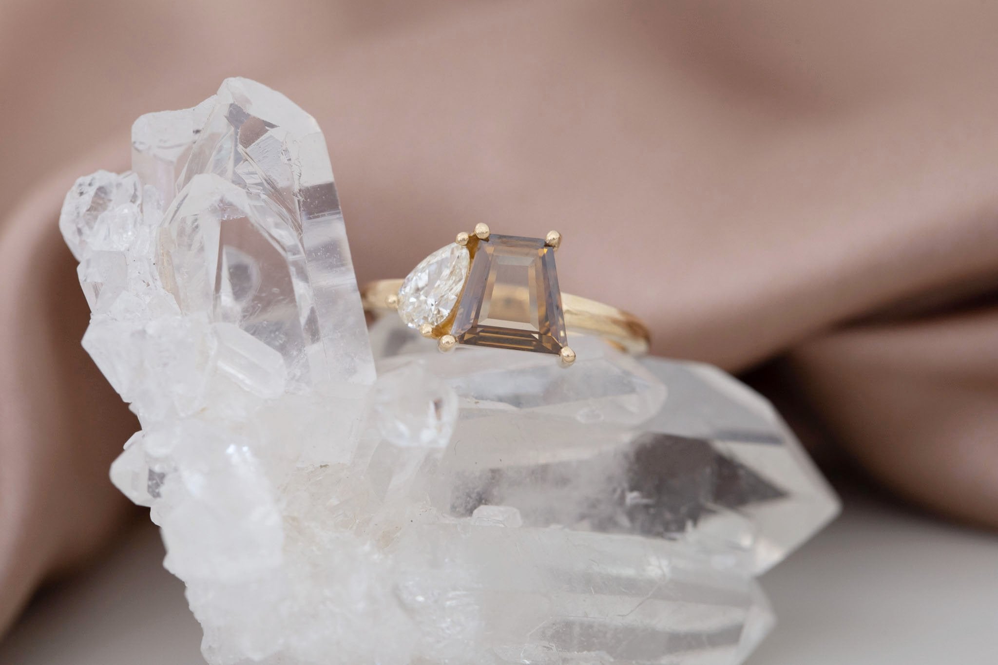 Liana Ring | Champagne Trapezoid Diamond + Pear Diamond Engagement Ring 1.27 ct | 14k Recycled Gold | One of a Kind