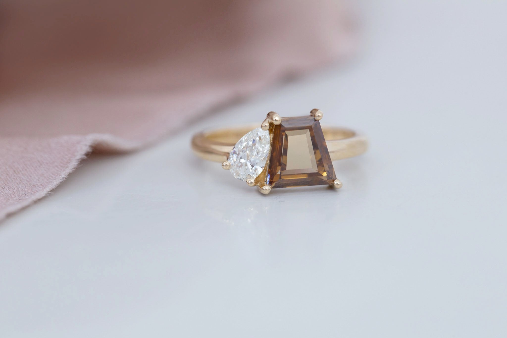 Liana Ring | Champagne Trapezoid Diamond + Pear Diamond Engagement Ring 1.27 ct | 14k Recycled Gold | One of a Kind