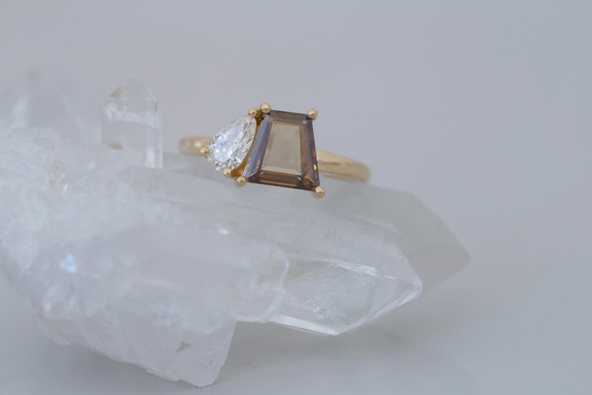 Liana Ring | Champagne Trapezoid Diamond + Pear Diamond Engagement Ring 1.27 ct | 14k Recycled Gold | One of a Kind