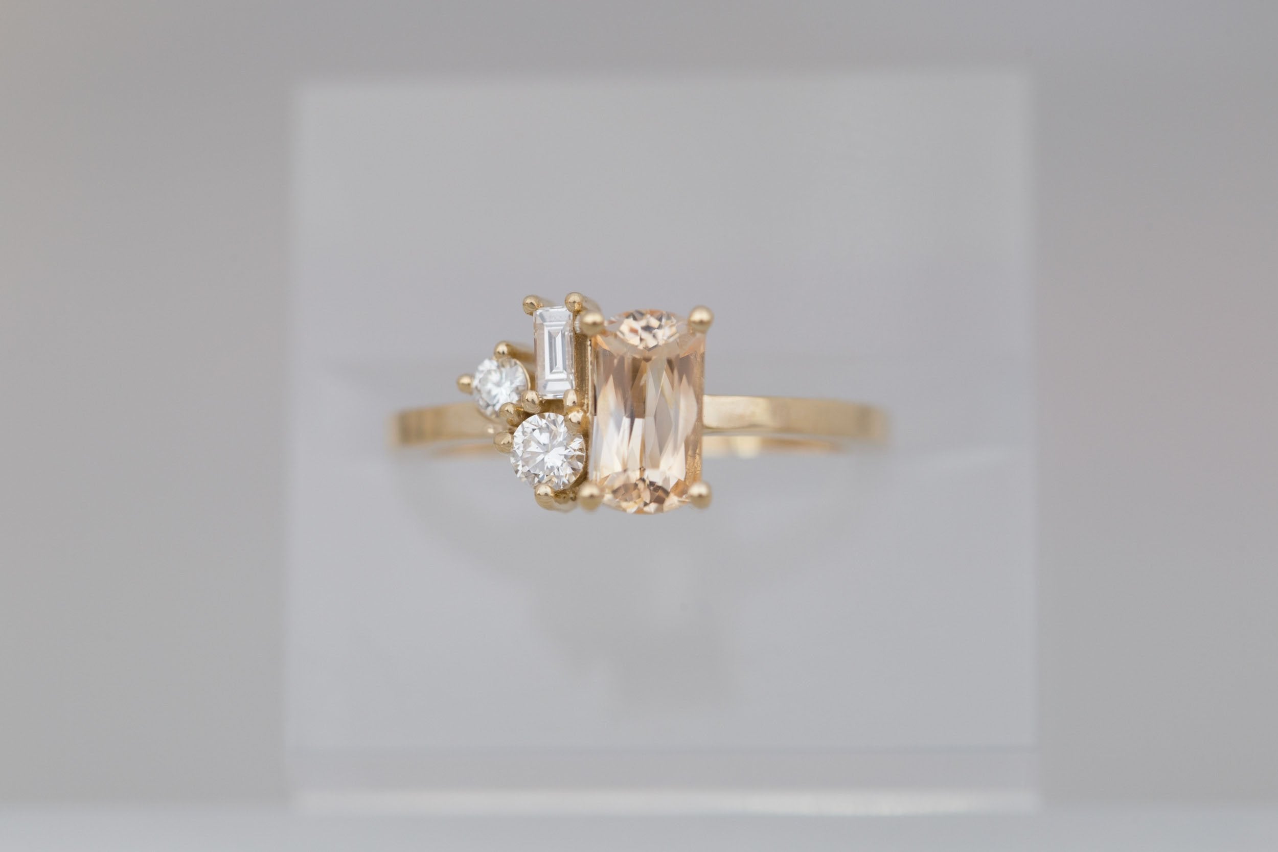 Emory Ring | Peach Sapphire + Baguette and Round Diamond Cluster Engagement Ring 1.27 ct | 14k Recycled Gold | One of a Kind