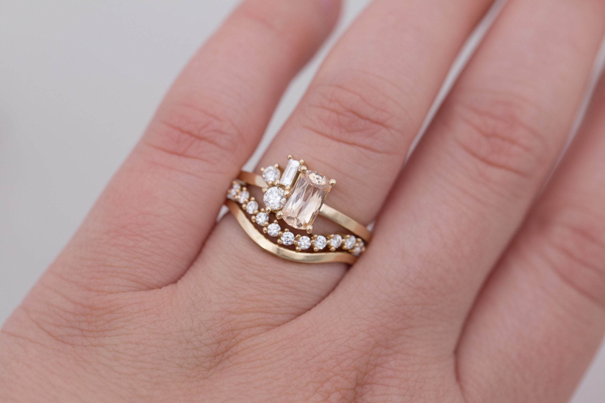 Emory Ring | Peach Sapphire + Baguette and Round Diamond Cluster Engagement Ring 1.27 ct | 14k Recycled Gold | One of a Kind