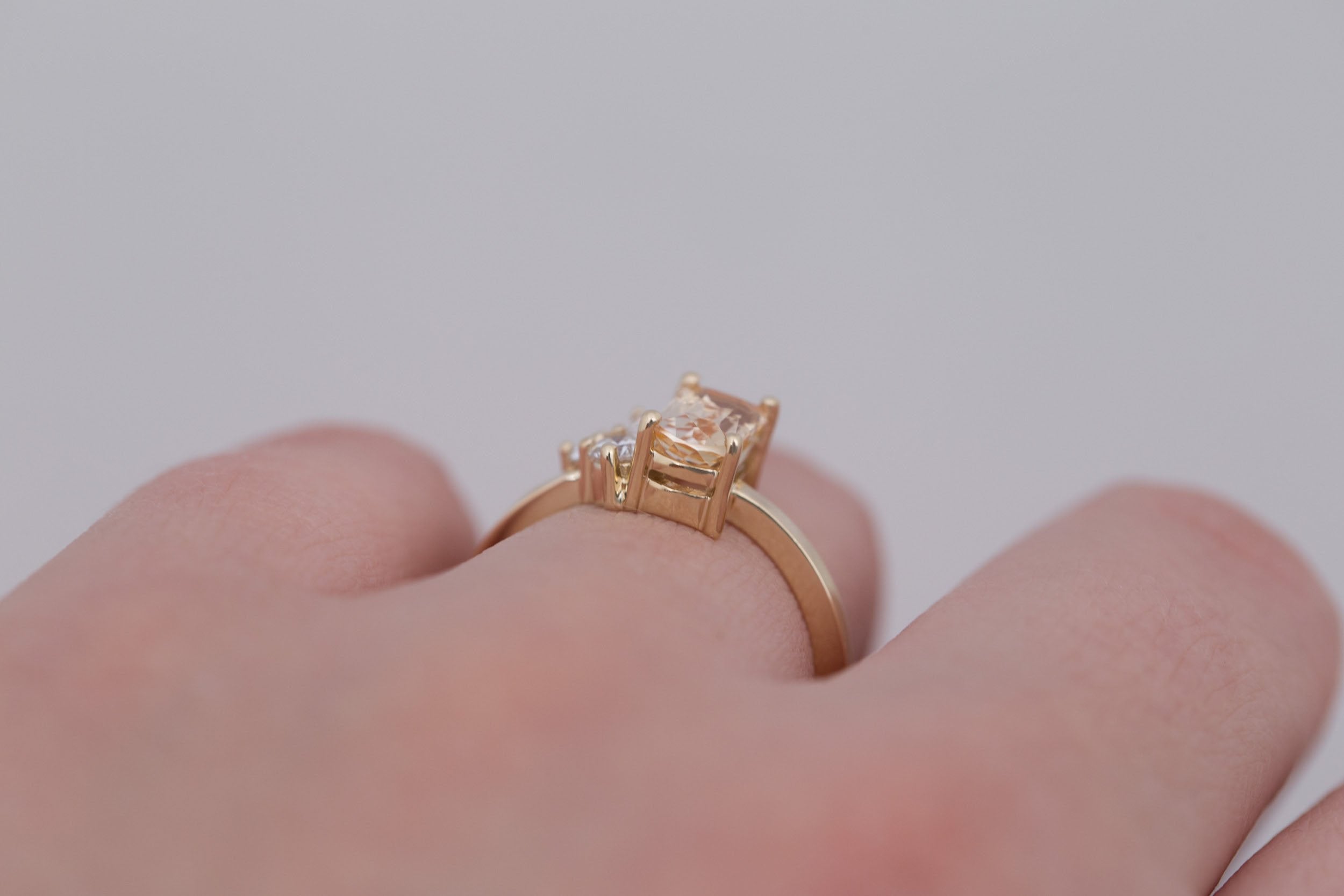 Emory Ring | Peach Sapphire + Baguette and Round Diamond Cluster Engagement Ring 1.27 ct | 14k Recycled Gold | One of a Kind