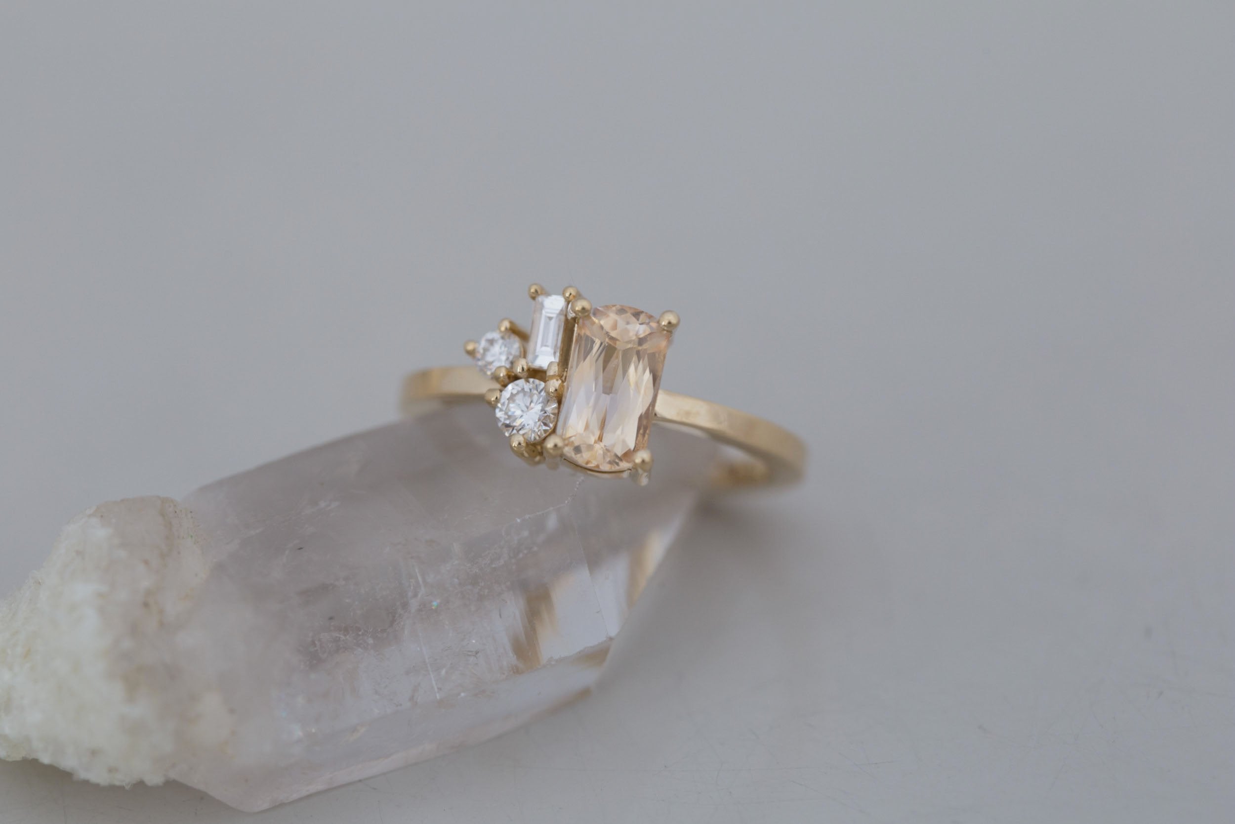 Emory Ring | Peach Sapphire + Baguette and Round Diamond Cluster Engagement Ring 1.27 ct | 14k Recycled Gold | One of a Kind