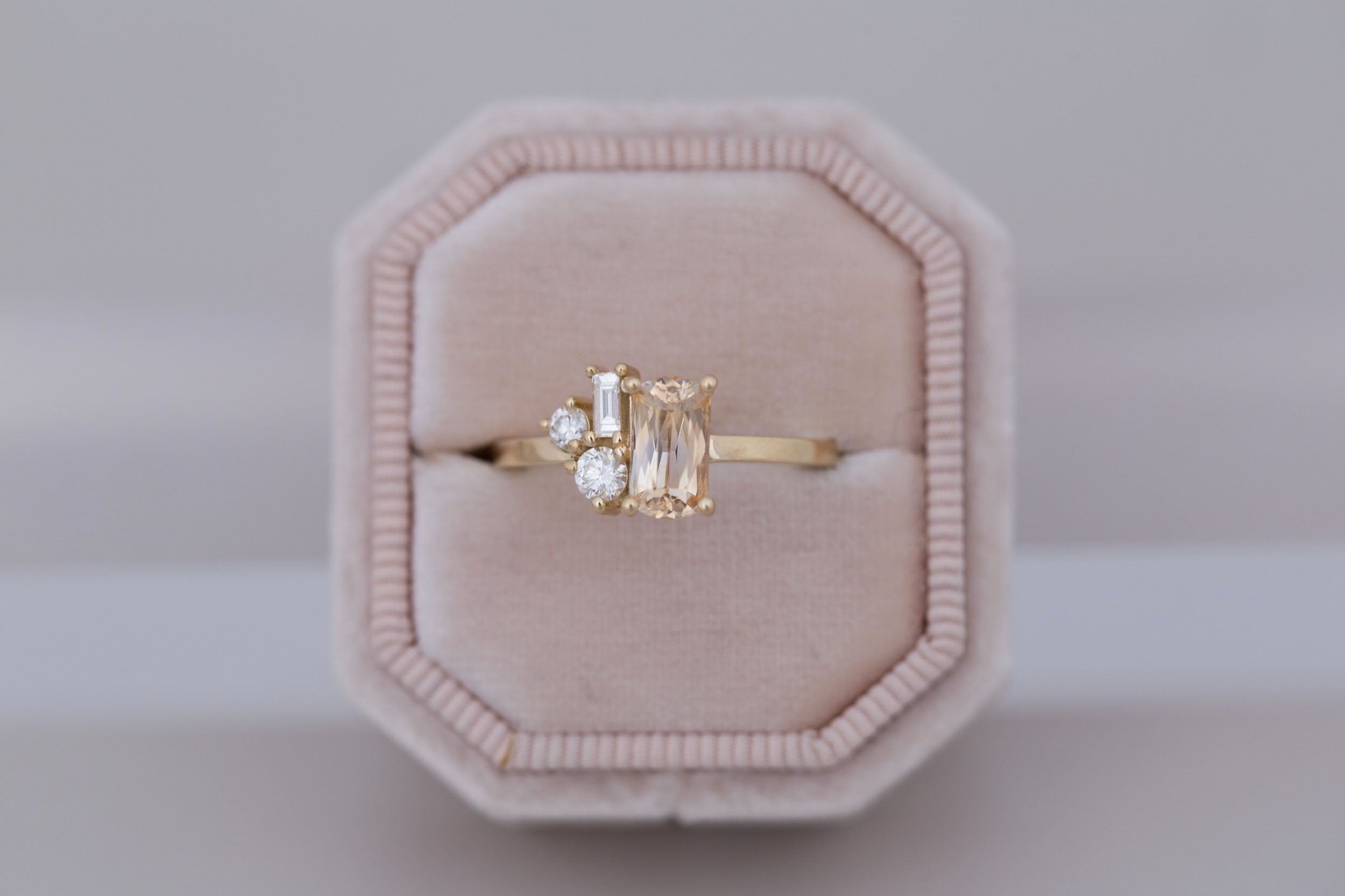 Emory Ring | Peach Sapphire + Baguette and Round Diamond Cluster Engagement Ring 1.27 ct | 14k Recycled Gold | One of a Kind