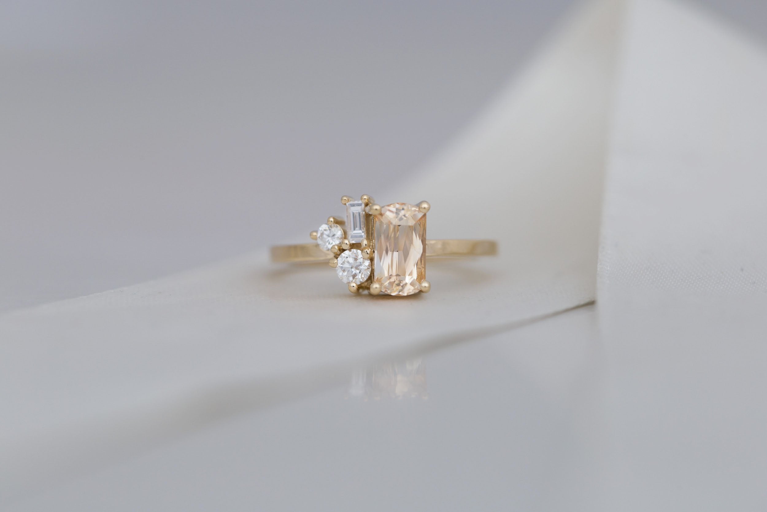 Emory Ring | Peach Sapphire + Baguette and Round Diamond Cluster Engagement Ring 1.27 ct | 14k Recycled Gold | One of a Kind