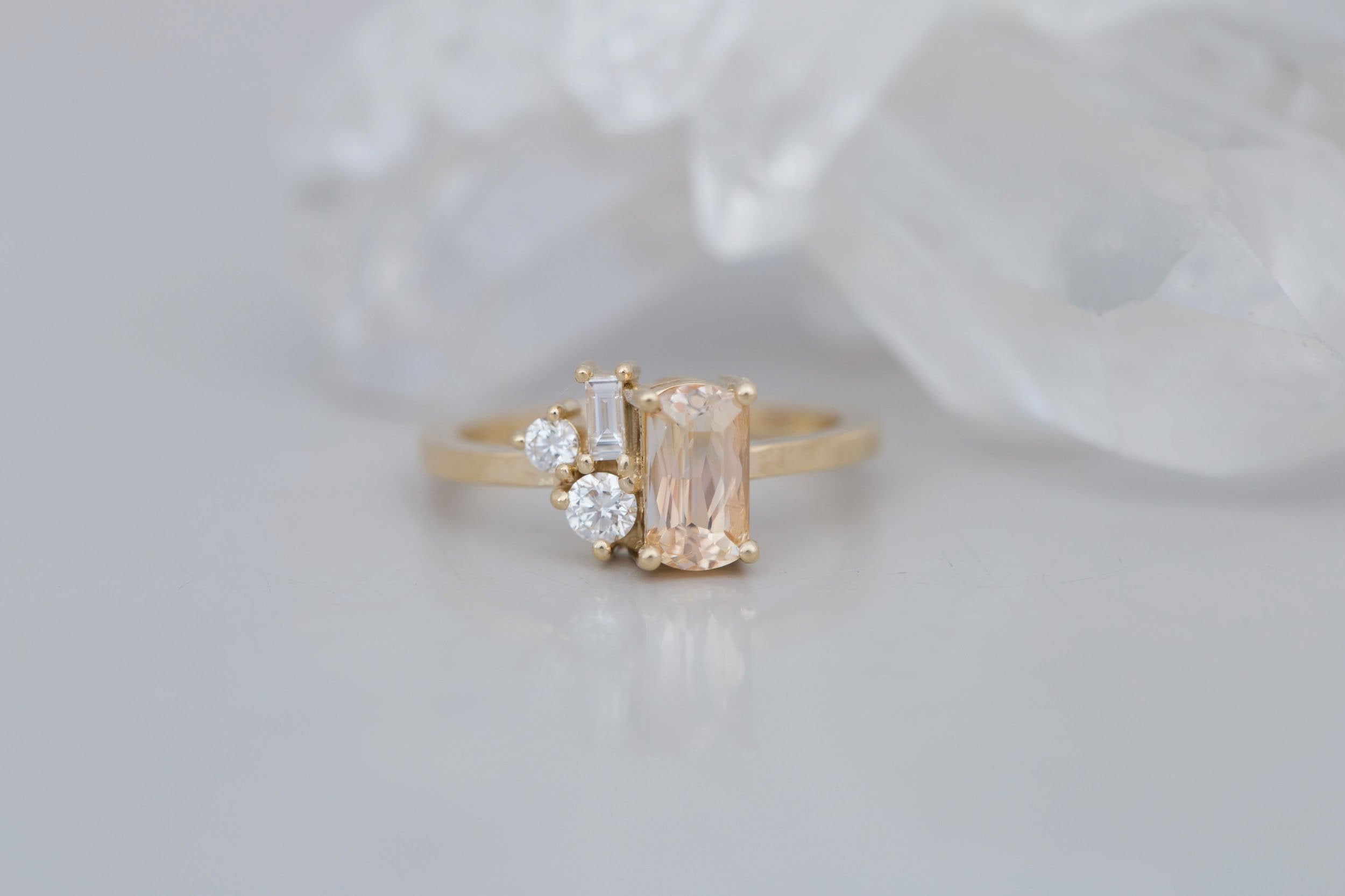 Emory Ring | Peach Sapphire + Baguette and Round Diamond Cluster Engagement Ring 1.27 ct | 14k Recycled Gold | One of a Kind