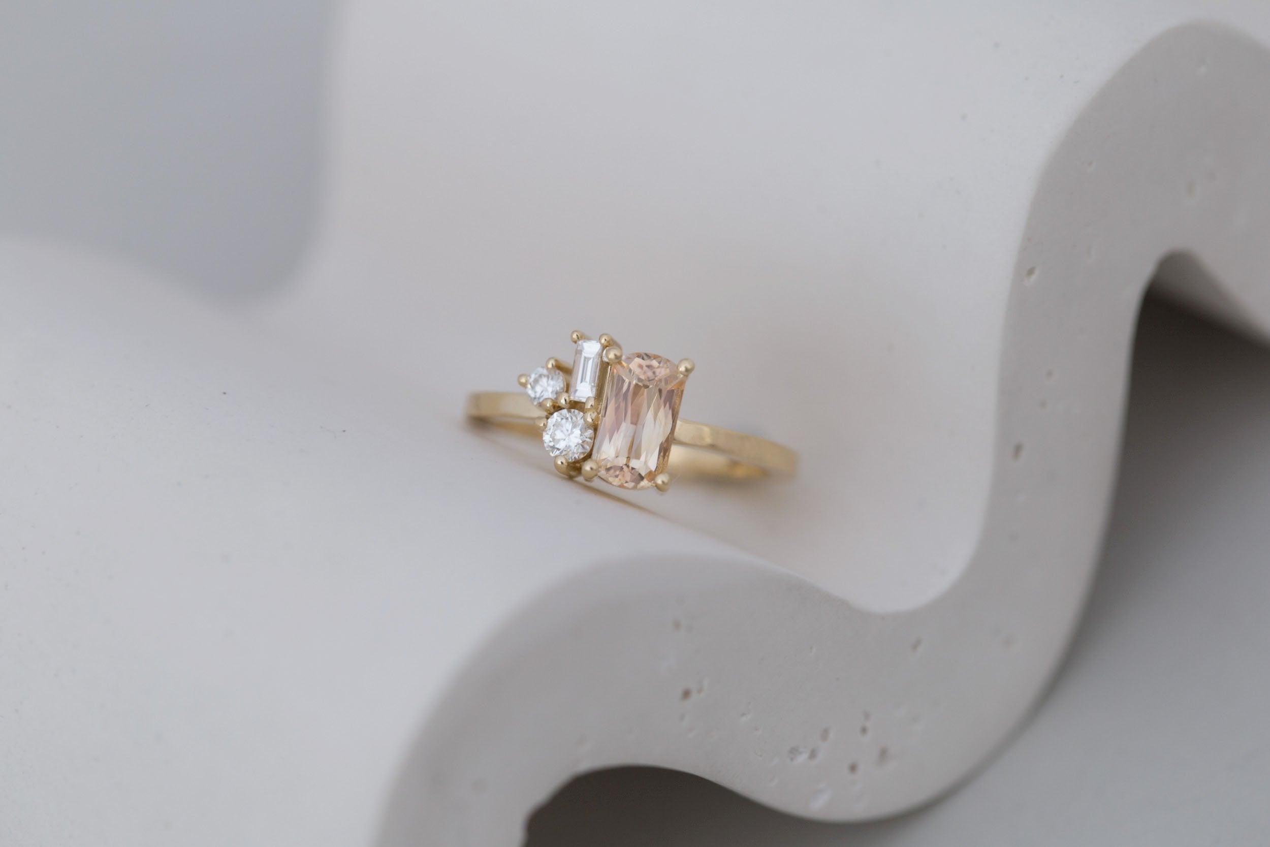 Emory Ring | Peach Sapphire + Baguette and Round Diamond Cluster Engagement Ring 1.27 ct | 14k Recycled Gold | One of a Kind
