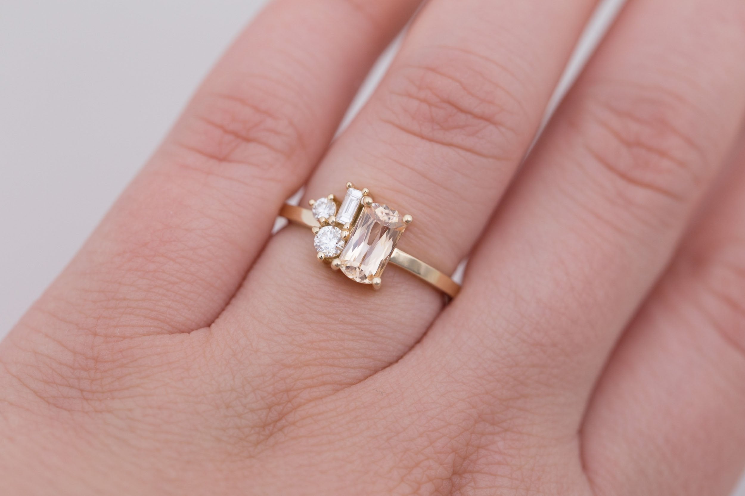 Emory Ring | Peach Sapphire + Baguette and Round Diamond Cluster Engagement Ring 1.27 ct | 14k Recycled Gold | One of a Kind