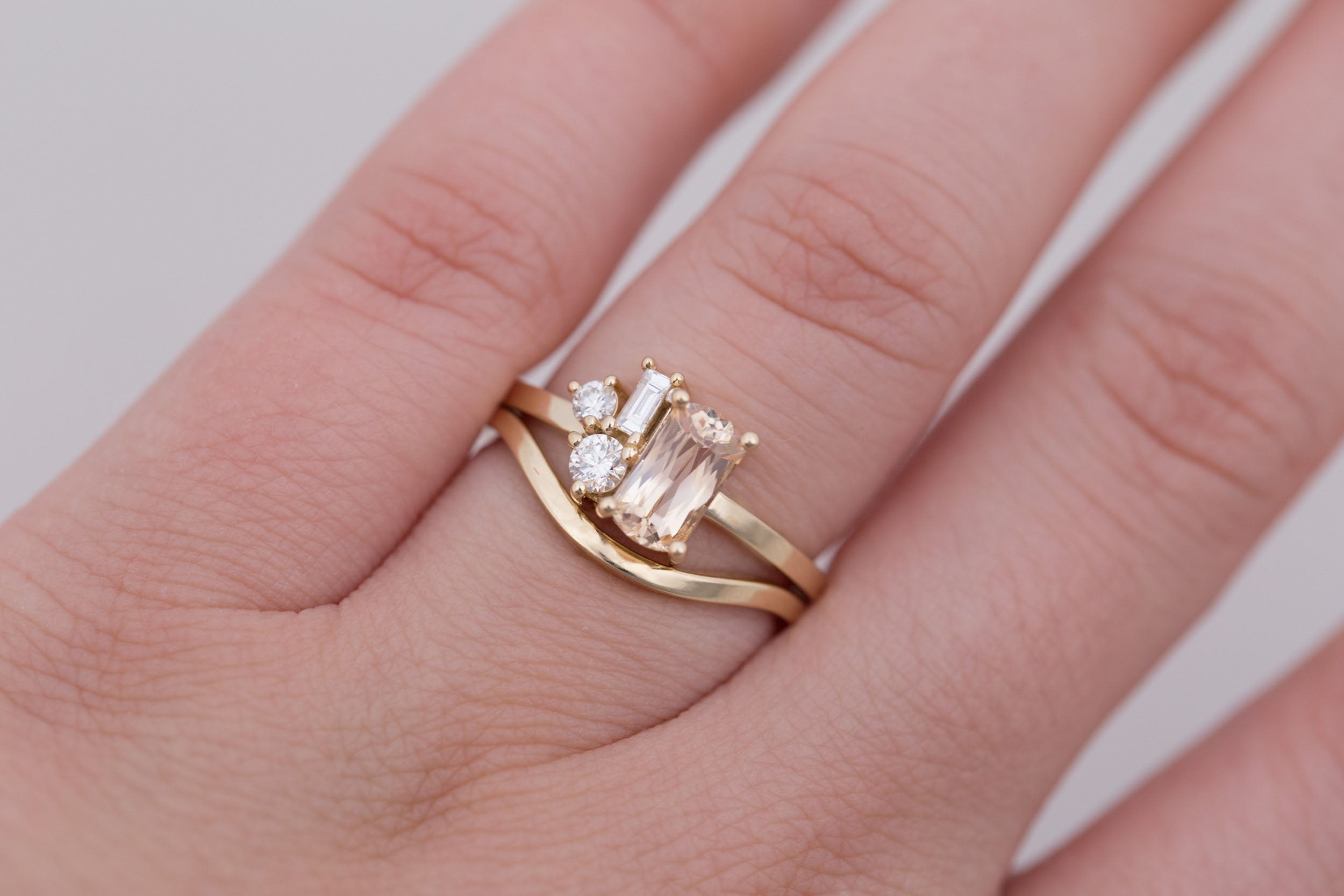 Emory Ring | Peach Sapphire + Baguette and Round Diamond Cluster Engagement Ring 1.27 ct | 14k Recycled Gold | One of a Kind