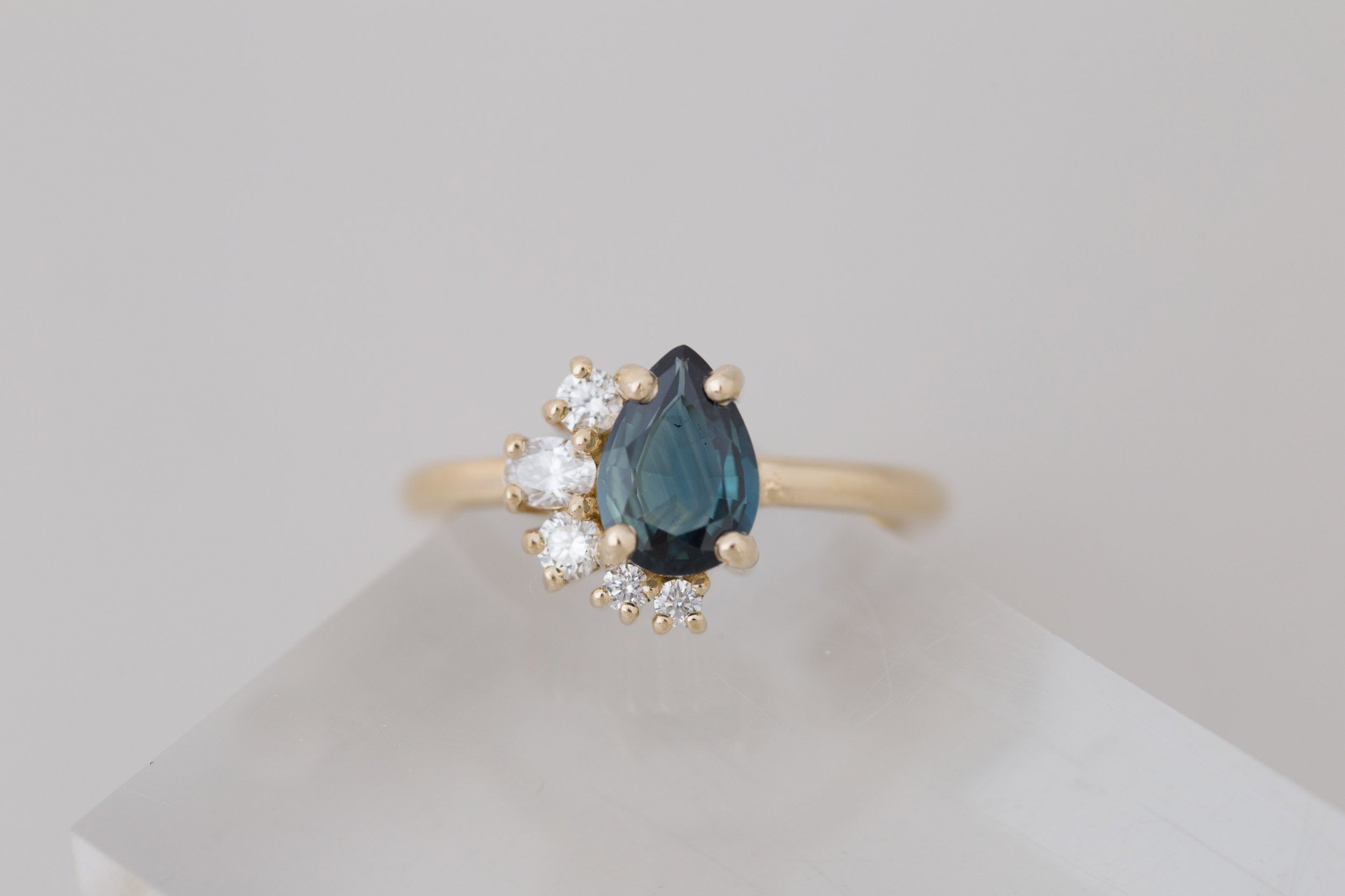 Evaline Ring | Teal Pear Cut Sapphire + Asymmetrical Diamond Cluster Engagement Ring 1.27 ct | 14k Recycled Gold | One of a Kind