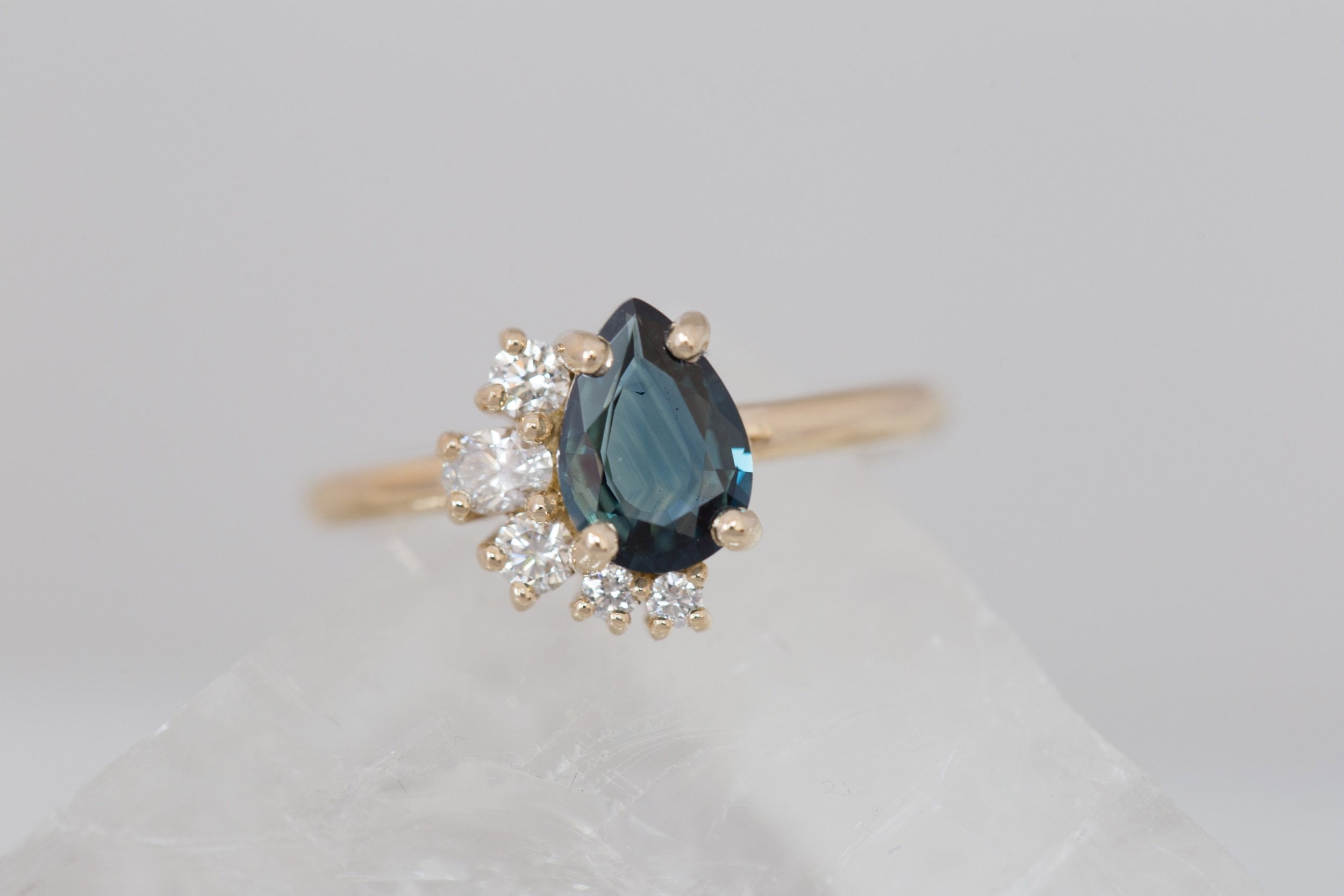 Evaline Ring | Teal Pear Cut Sapphire + Asymmetrical Diamond Cluster Engagement Ring 1.27 ct | 14k Recycled Gold | One of a Kind