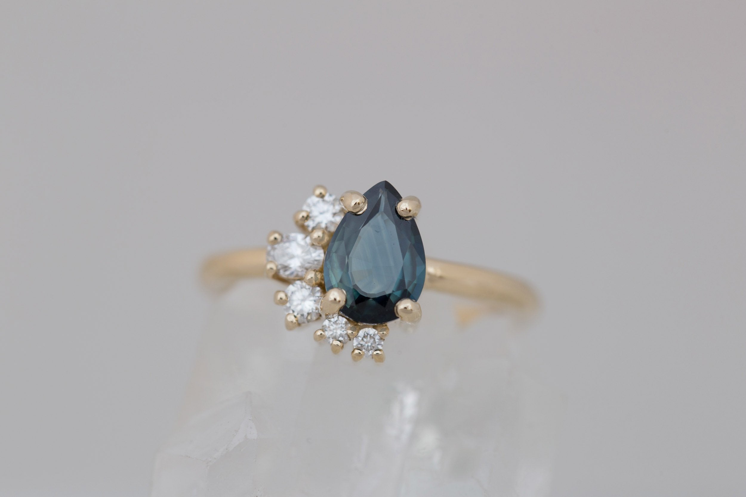 Evaline Ring | Teal Pear Cut Sapphire + Asymmetrical Diamond Cluster Engagement Ring 1.27 ct | 14k Recycled Gold | One of a Kind