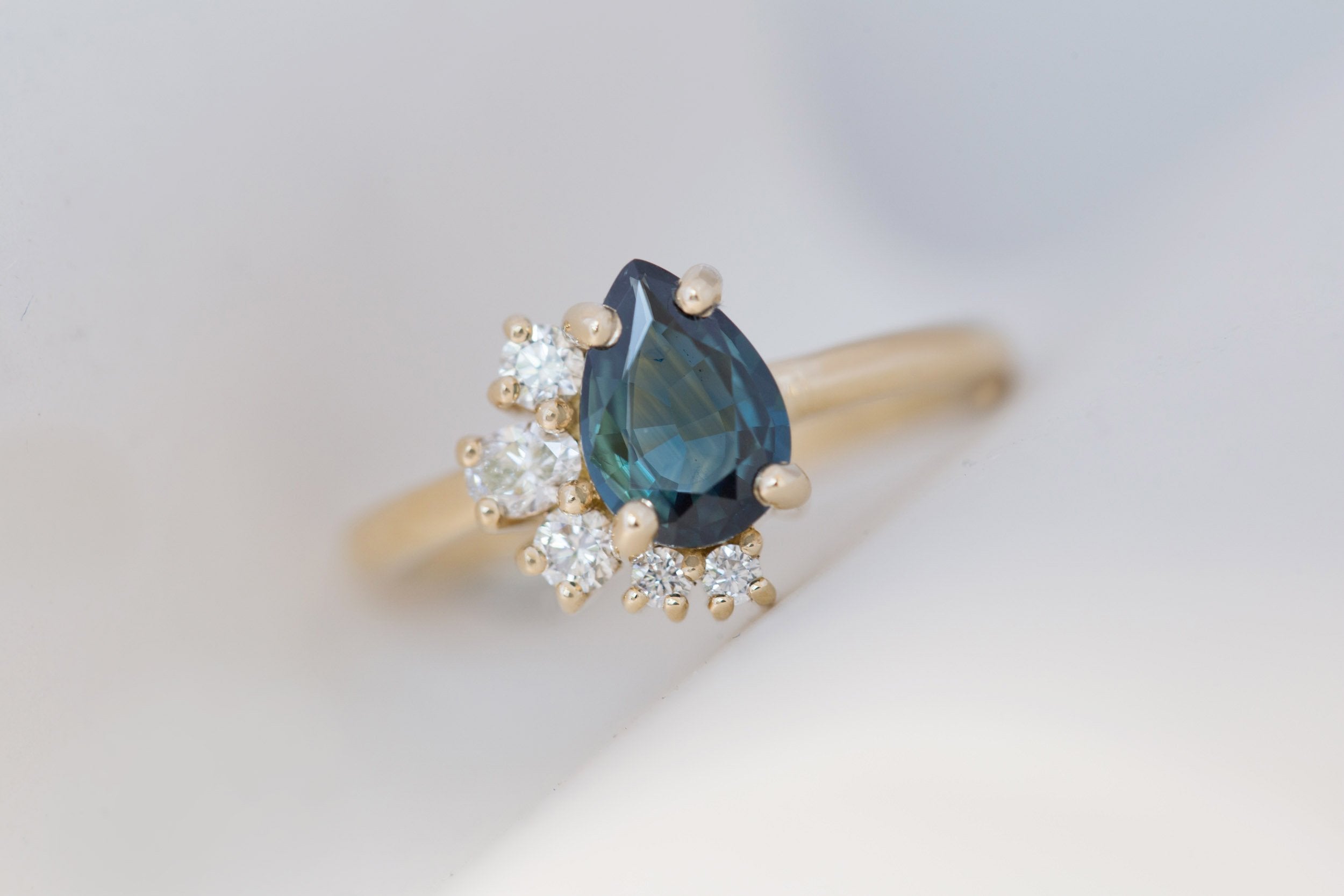Evaline Ring | Teal Pear Cut Sapphire + Asymmetrical Diamond Cluster Engagement Ring 1.27 ct | 14k Recycled Gold | One of a Kind
