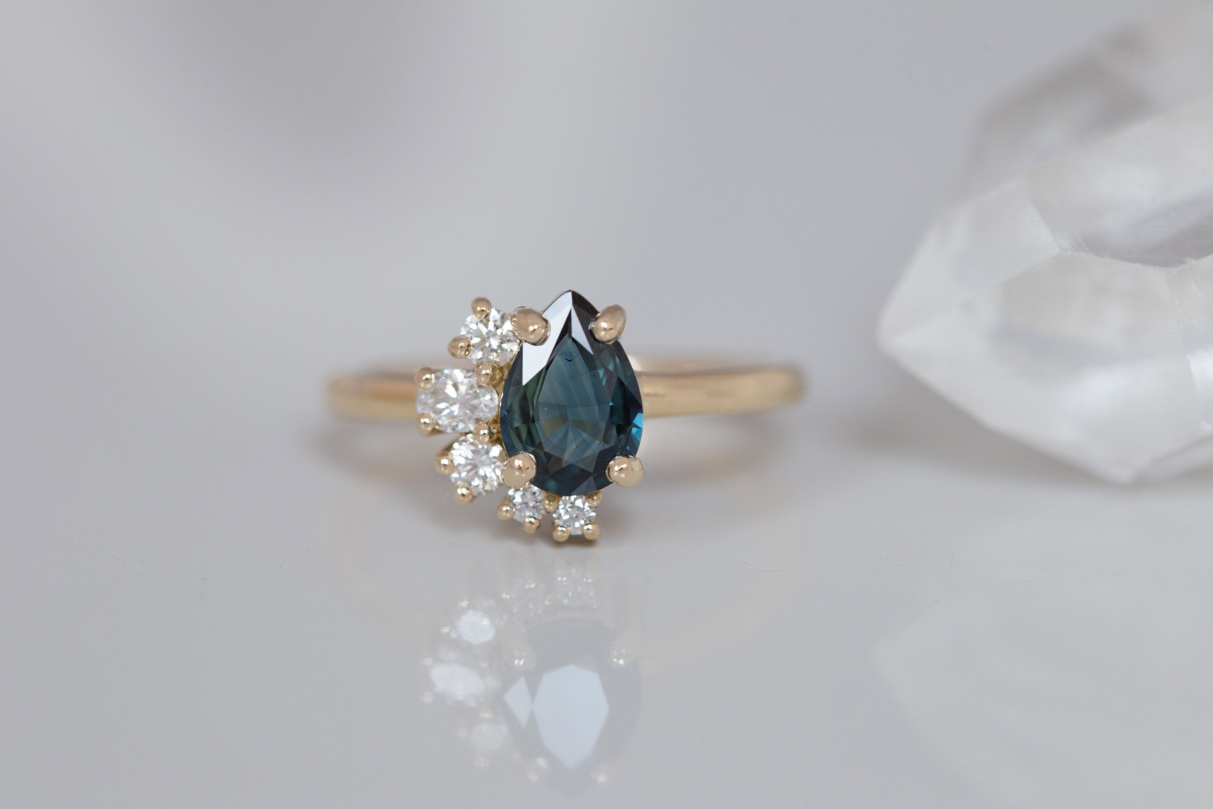 Evaline Ring | Teal Pear Cut Sapphire + Asymmetrical Diamond Cluster Engagement Ring 1.27 ct | 14k Recycled Gold | One of a Kind