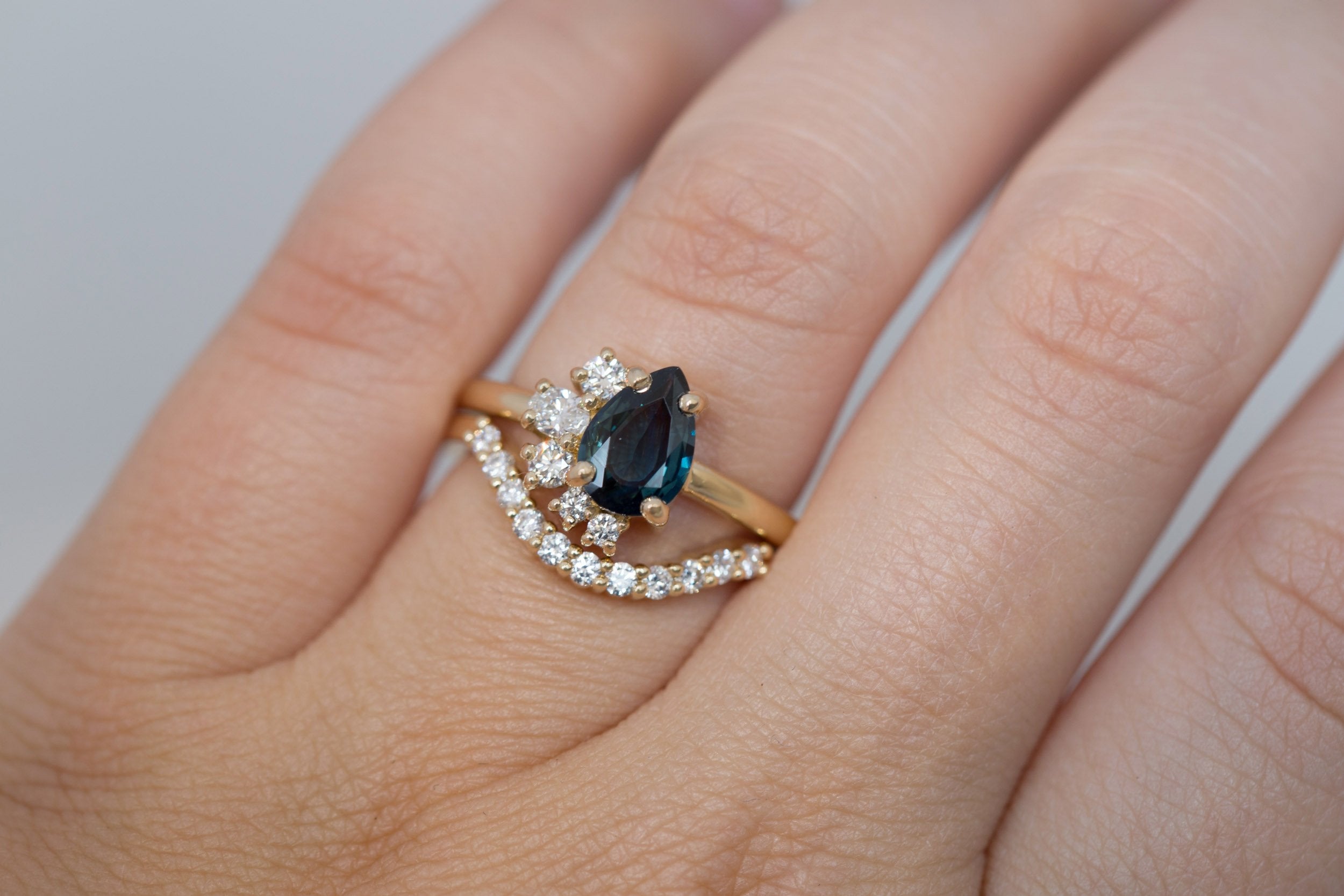 Evaline Ring | Teal Pear Cut Sapphire + Asymmetrical Diamond Cluster Engagement Ring 1.27 ct | 14k Recycled Gold | One of a Kind