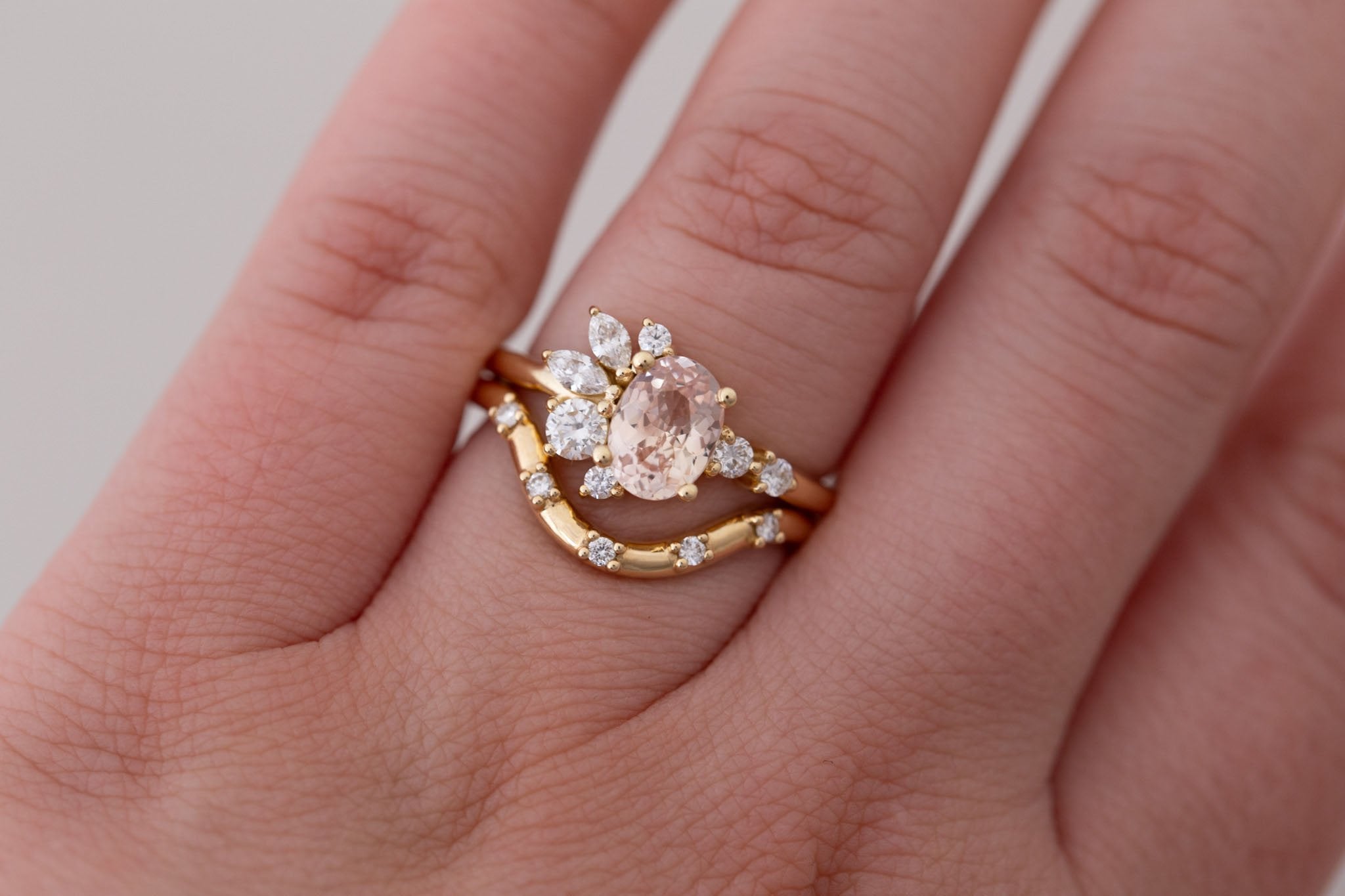 Ambretta Ring | Peach Oval Sapphire + Diamond Cluster Engagement Ring 1.27 ct | 14k Recycled Gold | One of a Kind