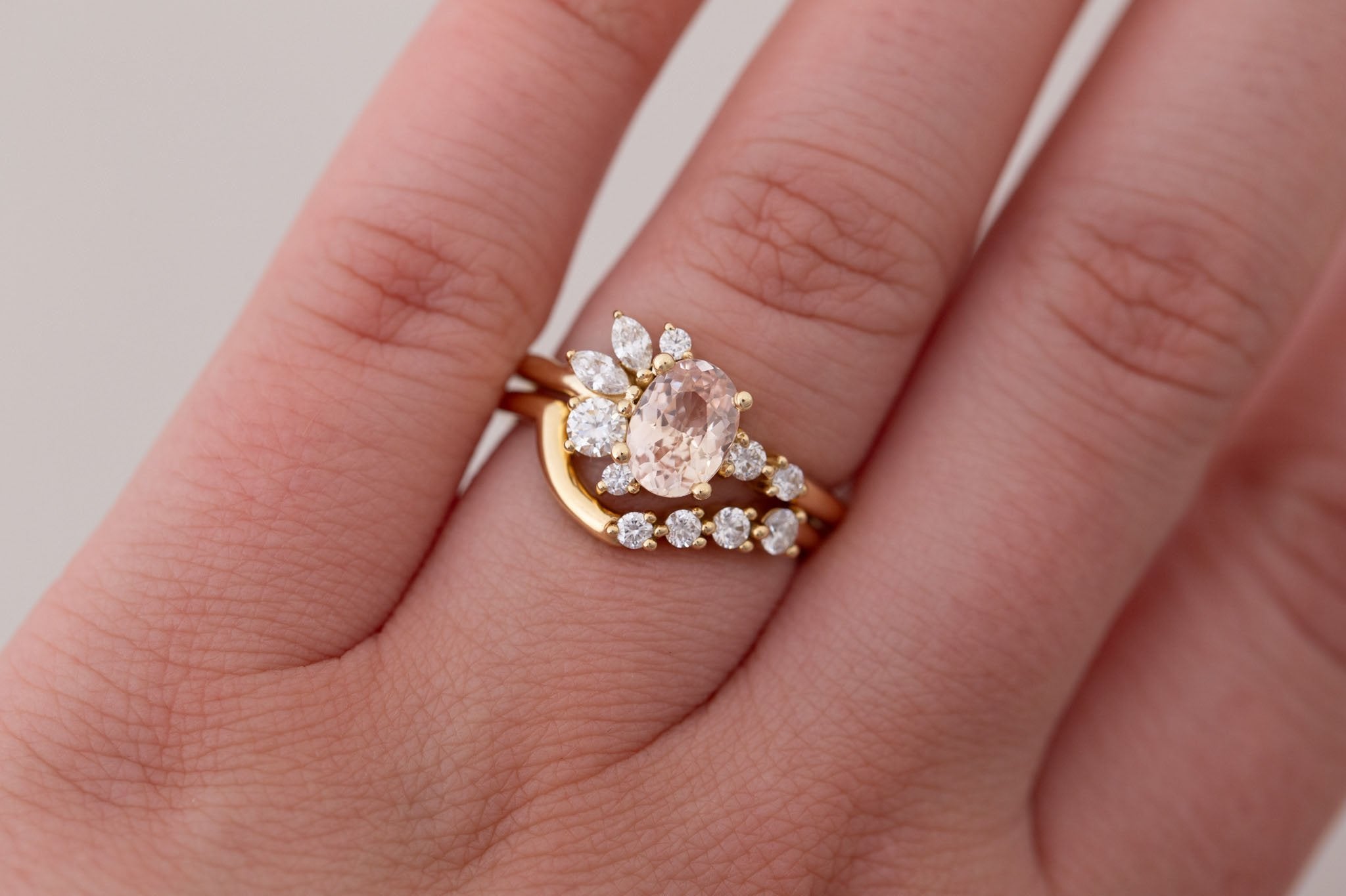 Ambretta Ring | Peach Oval Sapphire + Diamond Cluster Engagement Ring 1.27 ct | 14k Recycled Gold | One of a Kind