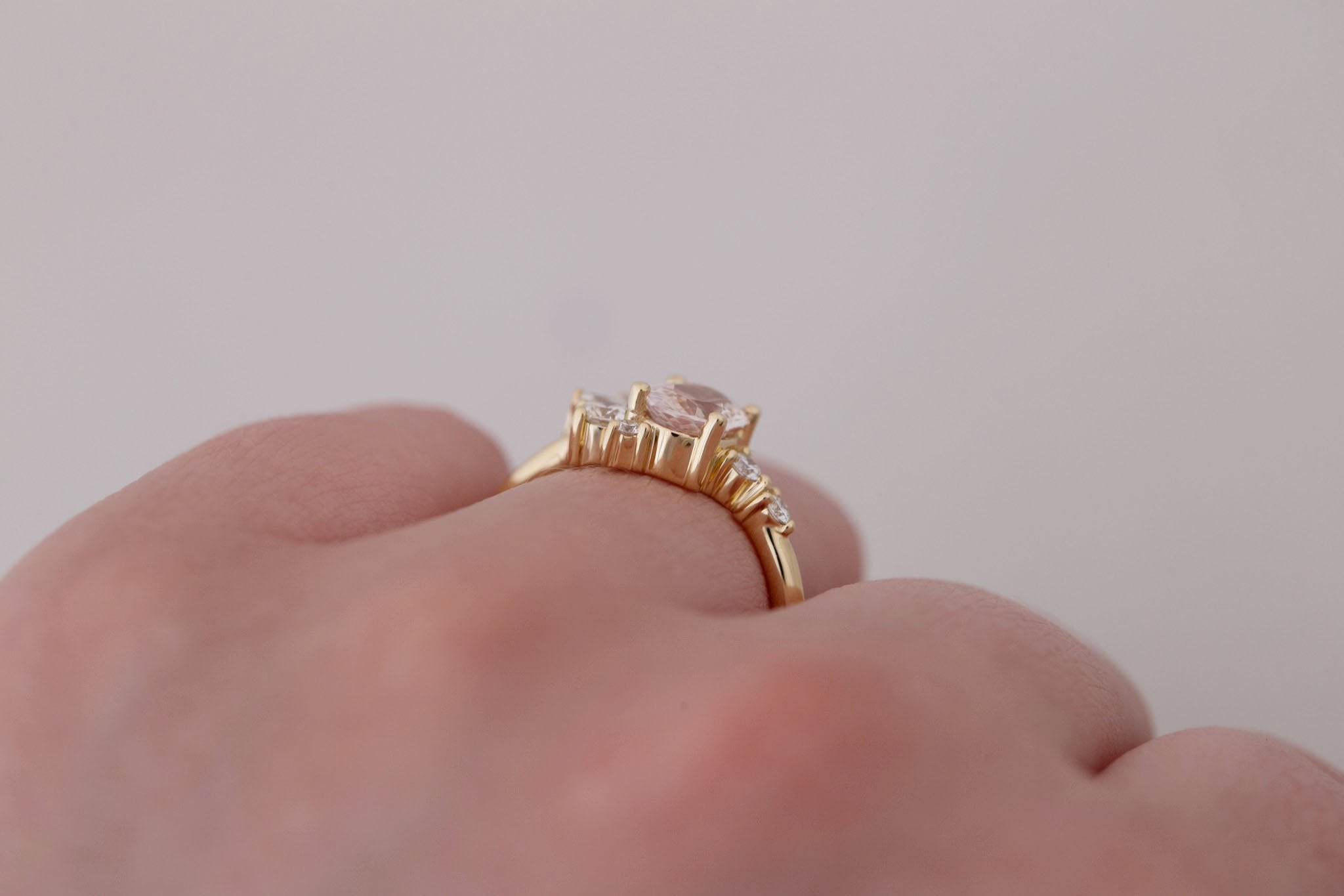 Ambretta Ring | Peach Oval Sapphire + Diamond Cluster Engagement Ring 1.27 ct | 14k Recycled Gold | One of a Kind