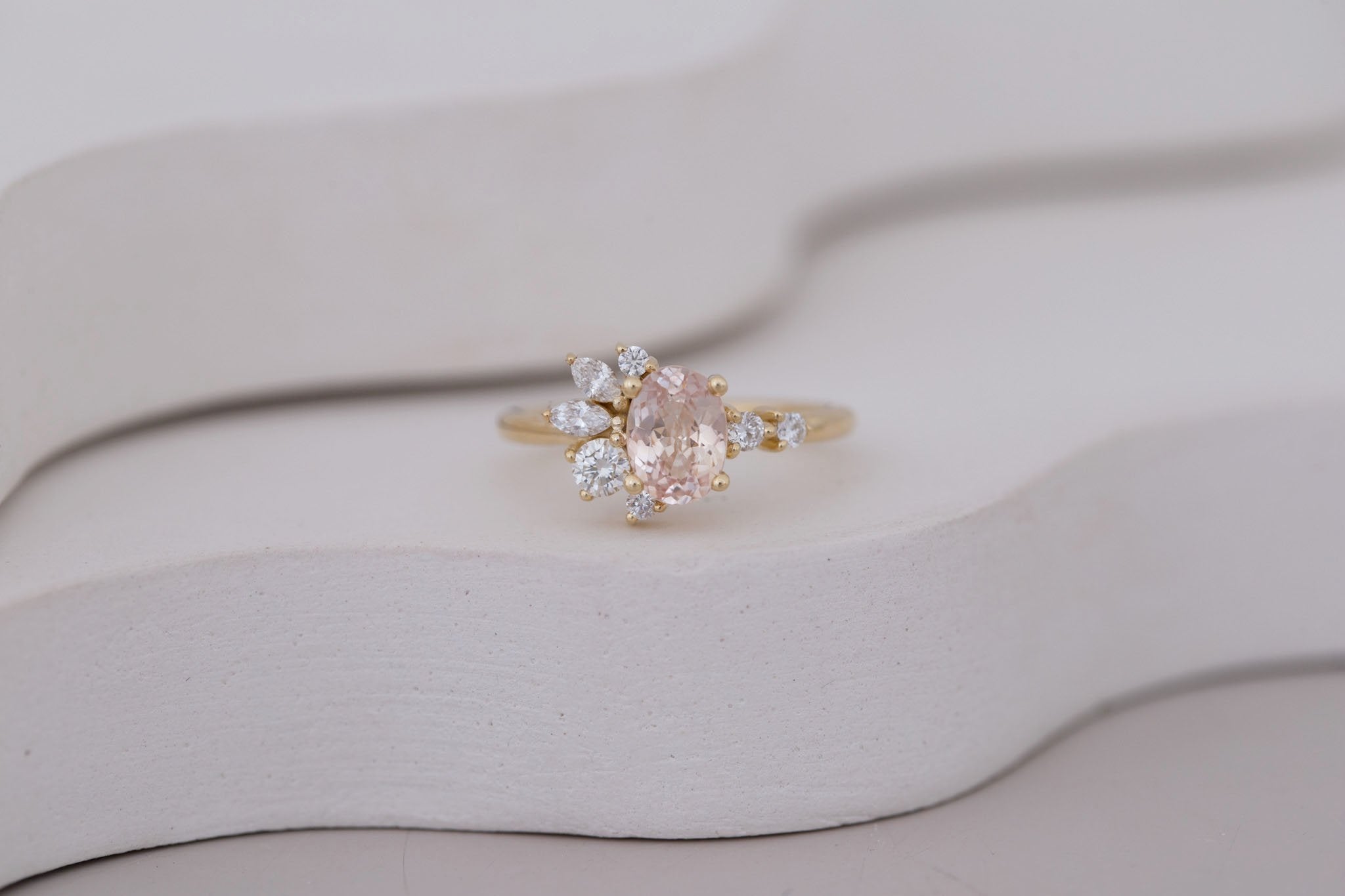 Ambretta Ring | Peach Oval Sapphire + Diamond Cluster Engagement Ring 1.27 ct | 14k Recycled Gold | One of a Kind