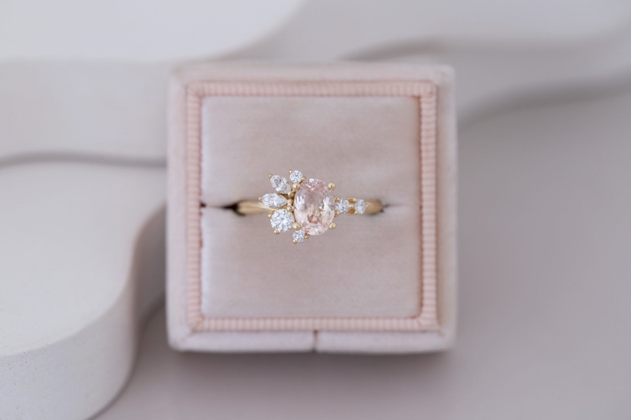 Ambretta Ring | Peach Oval Sapphire + Diamond Cluster Engagement Ring 1.27 ct | 14k Recycled Gold | One of a Kind