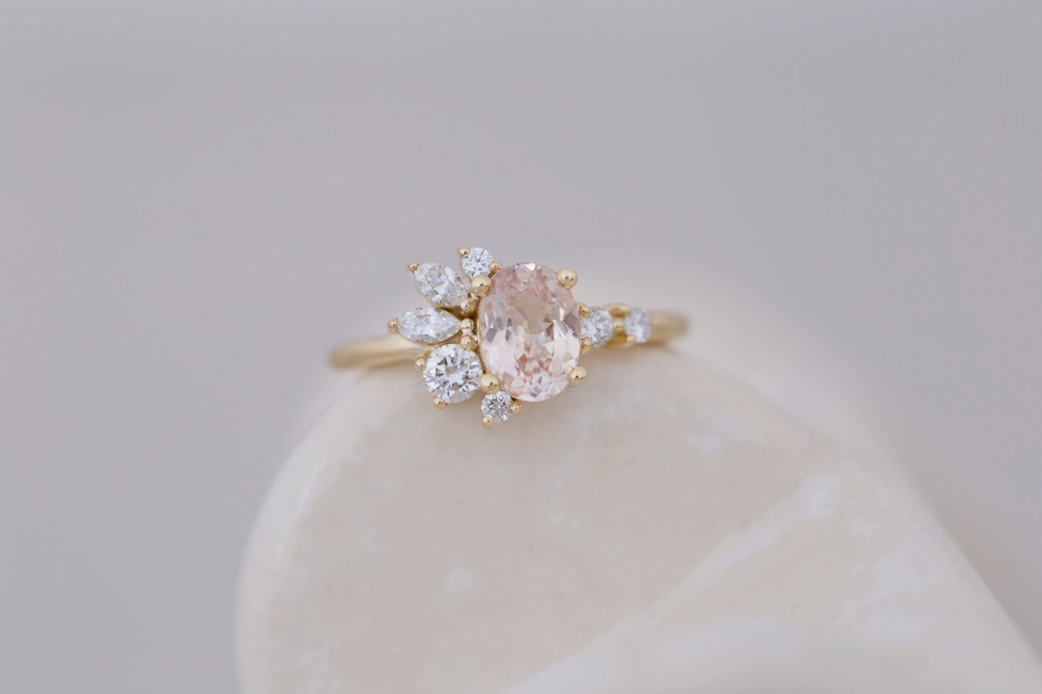 Ambretta Ring | Peach Oval Sapphire + Diamond Cluster Engagement Ring 1.27 ct | 14k Recycled Gold | One of a Kind