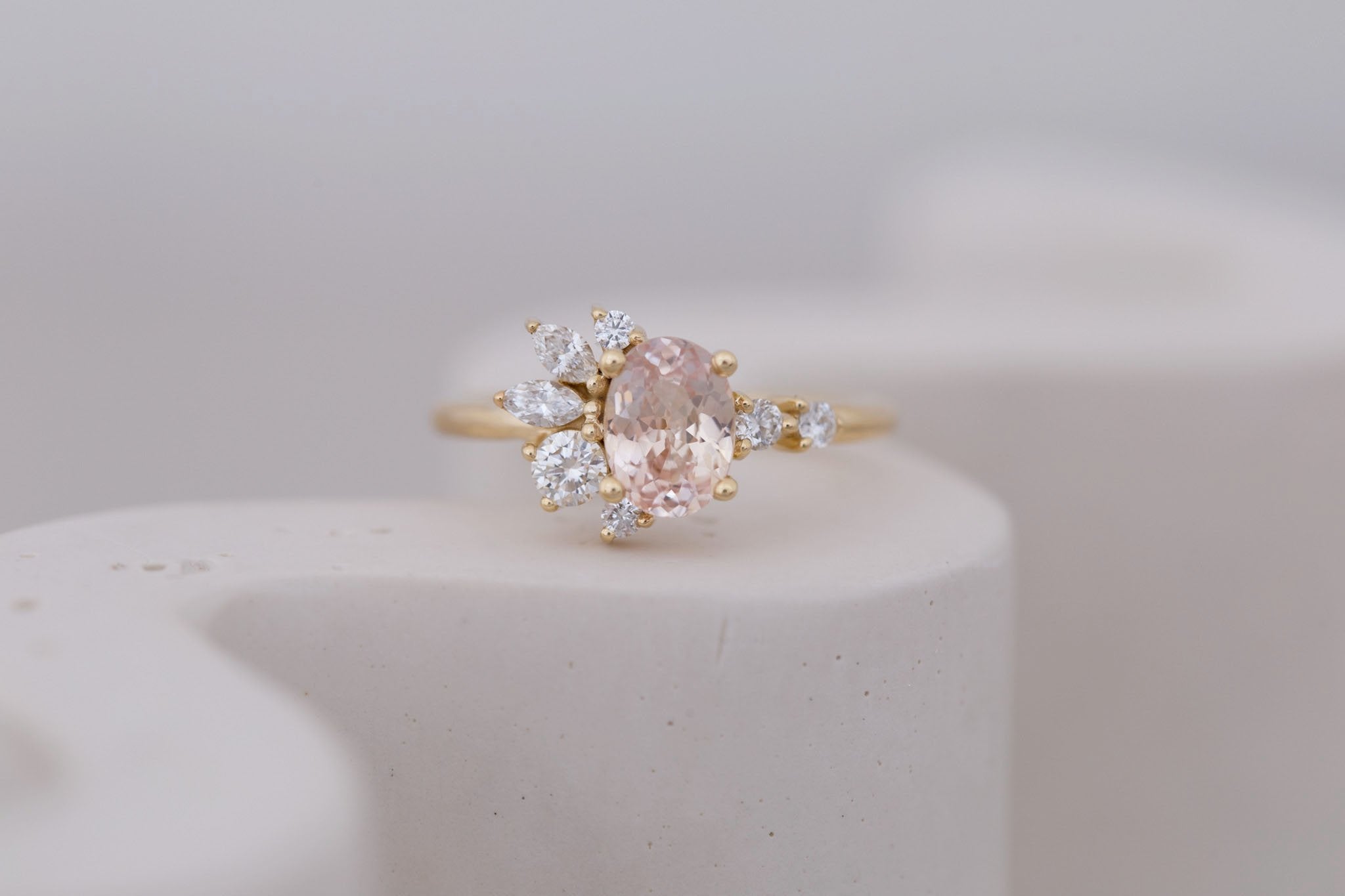Ambretta Ring | Peach Oval Sapphire + Diamond Cluster Engagement Ring 1.27 ct | 14k Recycled Gold | One of a Kind
