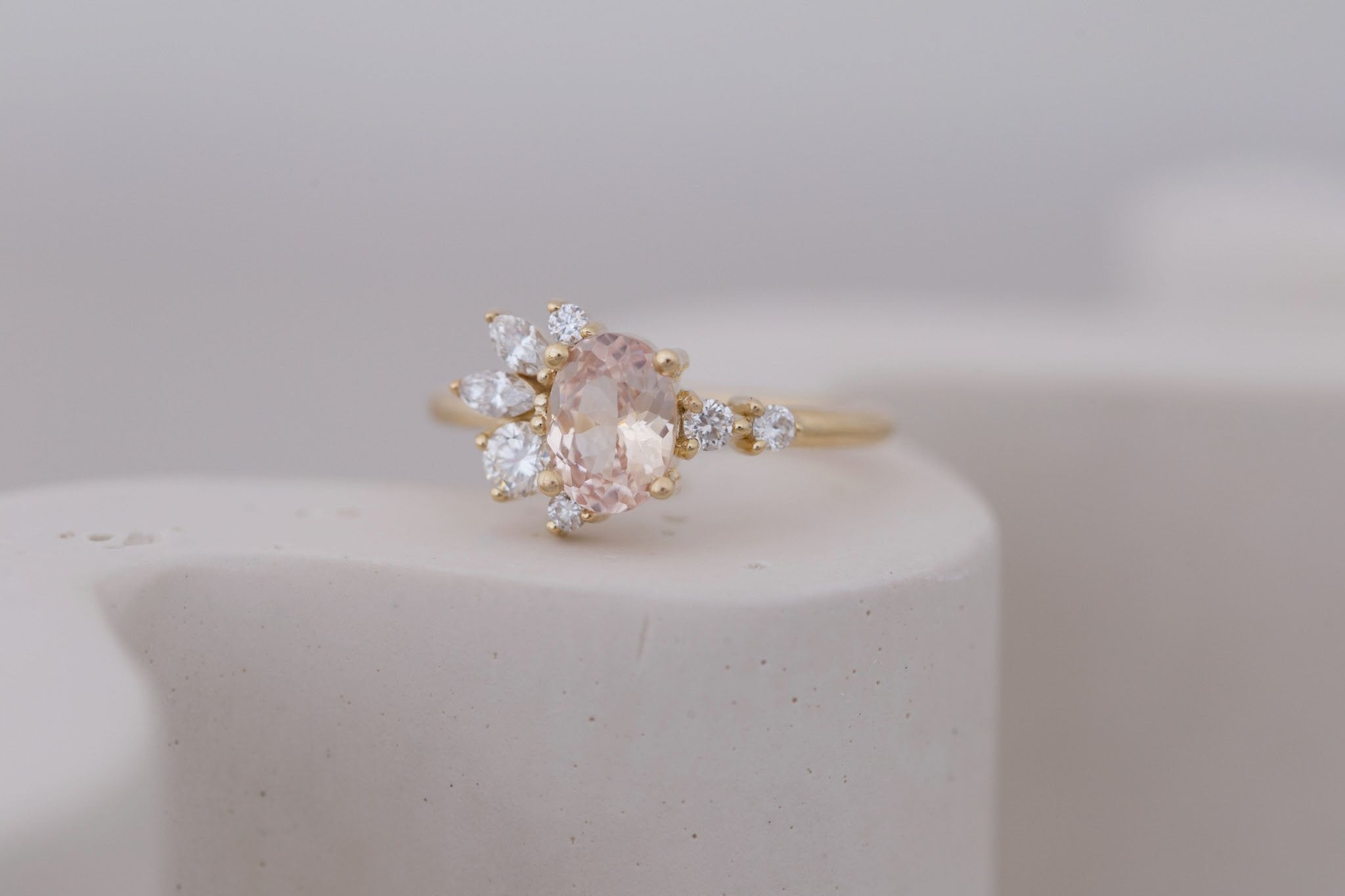 Ambretta Ring | Peach Oval Sapphire + Diamond Cluster Engagement Ring 1.27 ct | 14k Recycled Gold | One of a Kind