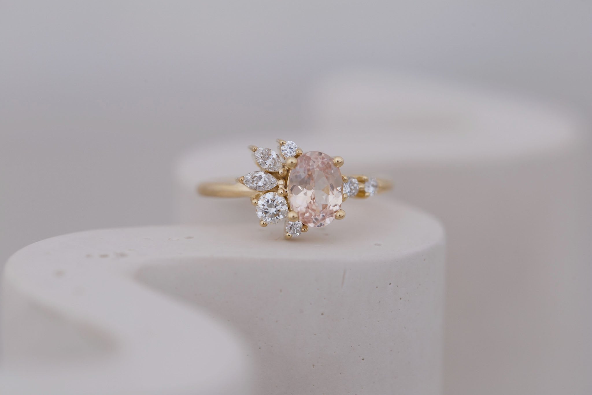 Ambretta Ring | Peach Oval Sapphire + Diamond Cluster Engagement Ring 1.27 ct | 14k Recycled Gold | One of a Kind