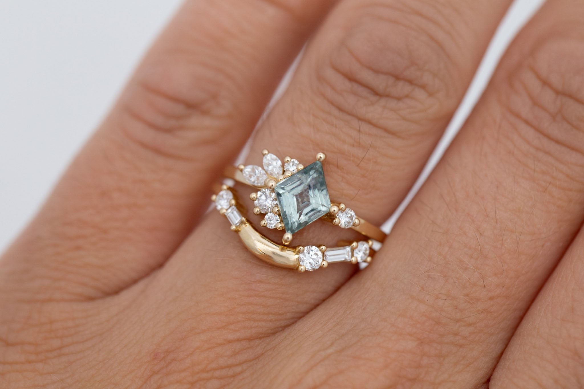 Alden Ring | Mint Montana Sapphire Rhombus + Diamond Cluster Engagement Ring 1.28 ct | 14k Recycled Gold | One of a Kind