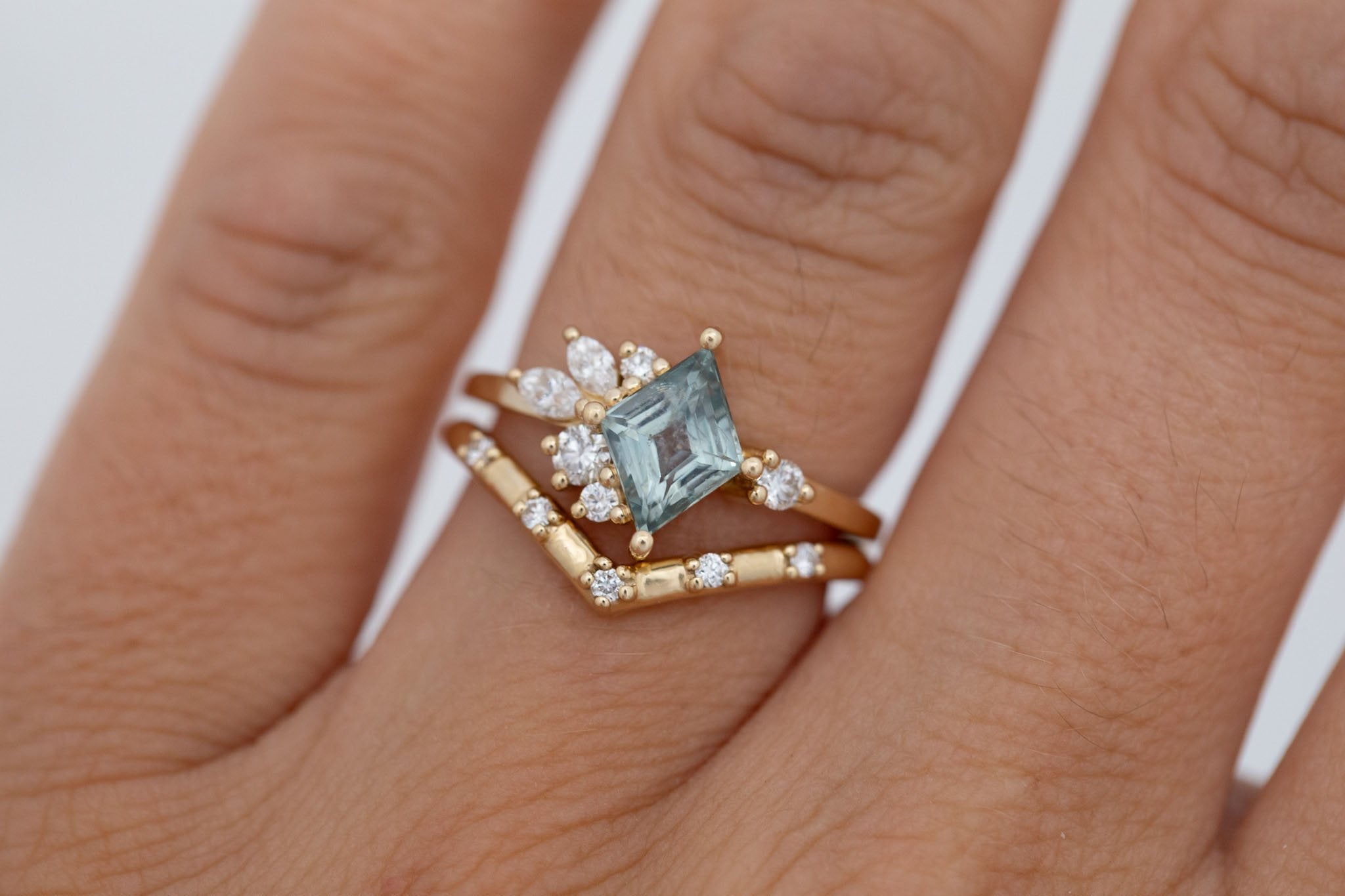 Alden Ring | Mint Montana Sapphire Rhombus + Diamond Cluster Engagement Ring 1.28 ct | 14k Recycled Gold | One of a Kind