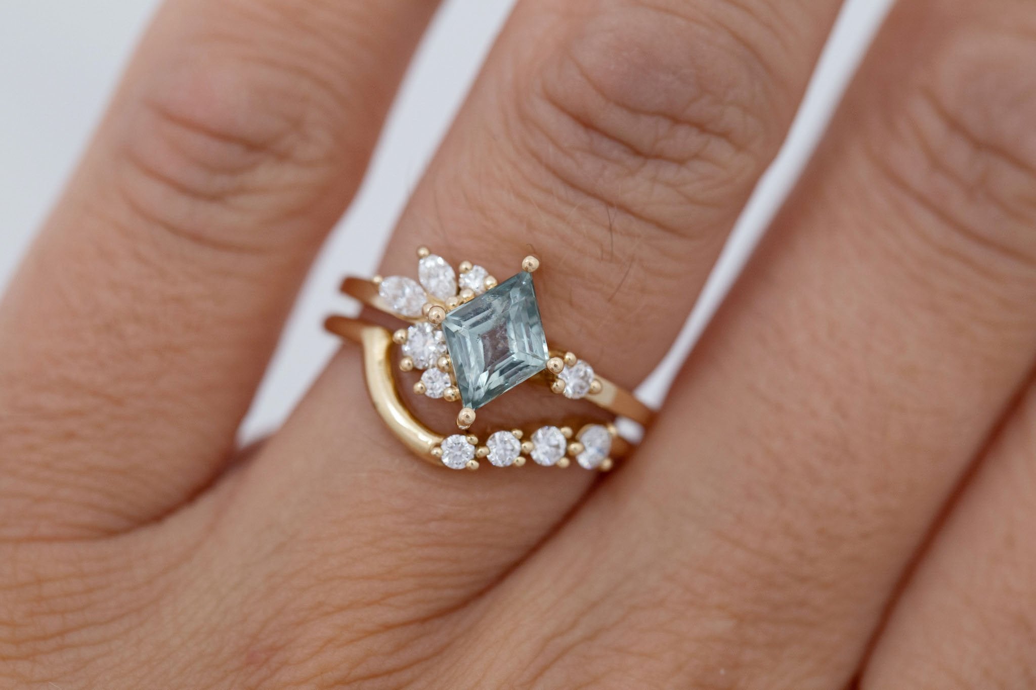Alden Ring | Mint Montana Sapphire Rhombus + Diamond Cluster Engagement Ring 1.28 ct | 14k Recycled Gold | One of a Kind