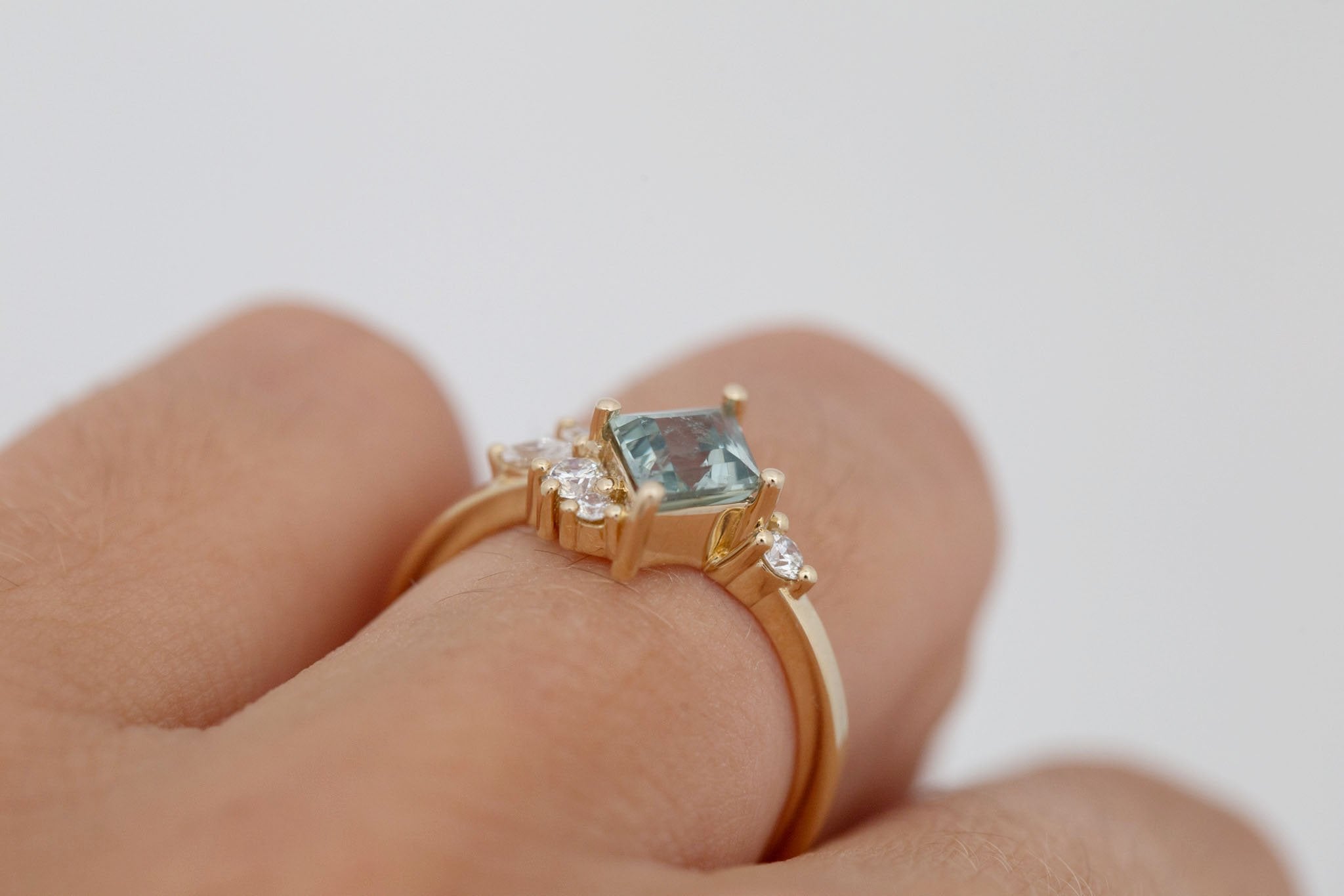 Alden Ring | Mint Montana Sapphire Rhombus + Diamond Cluster Engagement Ring 1.28 ct | 14k Recycled Gold | One of a Kind