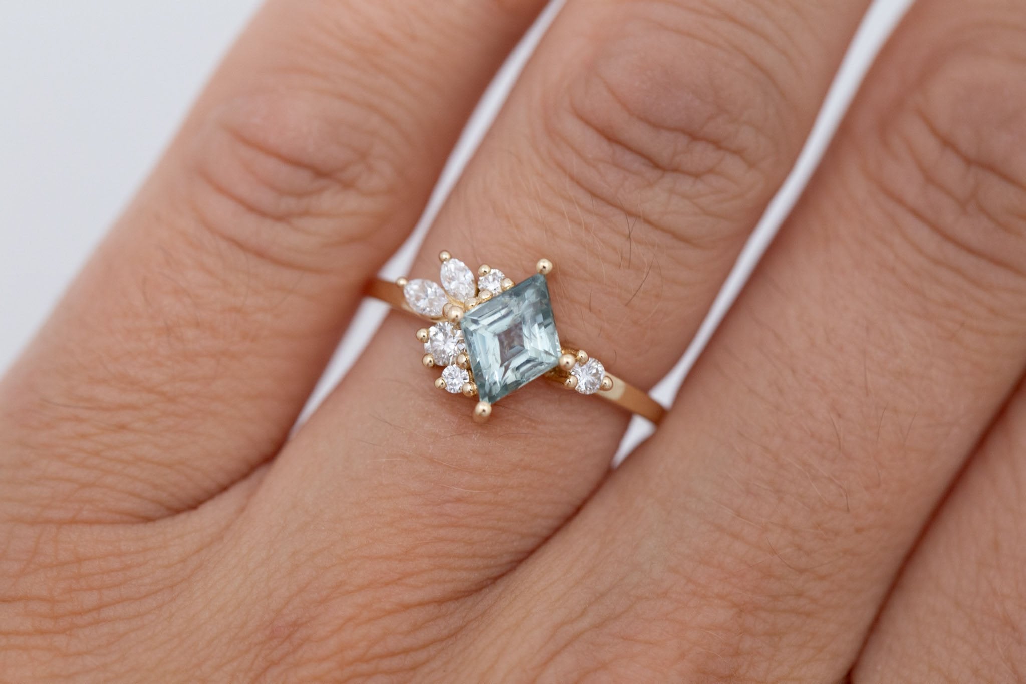 Alden Ring | Mint Montana Sapphire Rhombus + Diamond Cluster Engagement Ring 1.28 ct | 14k Recycled Gold | One of a Kind
