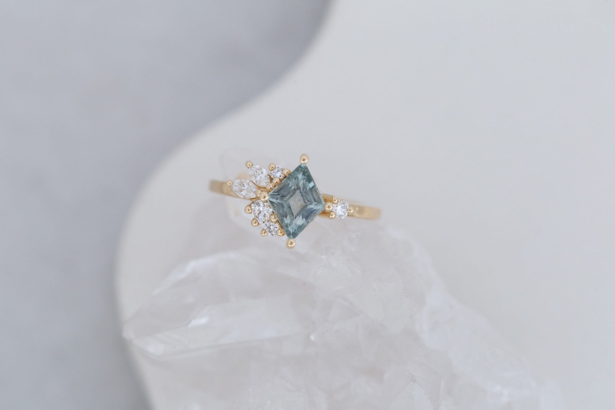 Alden Ring | Mint Montana Sapphire Rhombus + Diamond Cluster Engagement Ring 1.28 ct | 14k Recycled Gold | One of a Kind