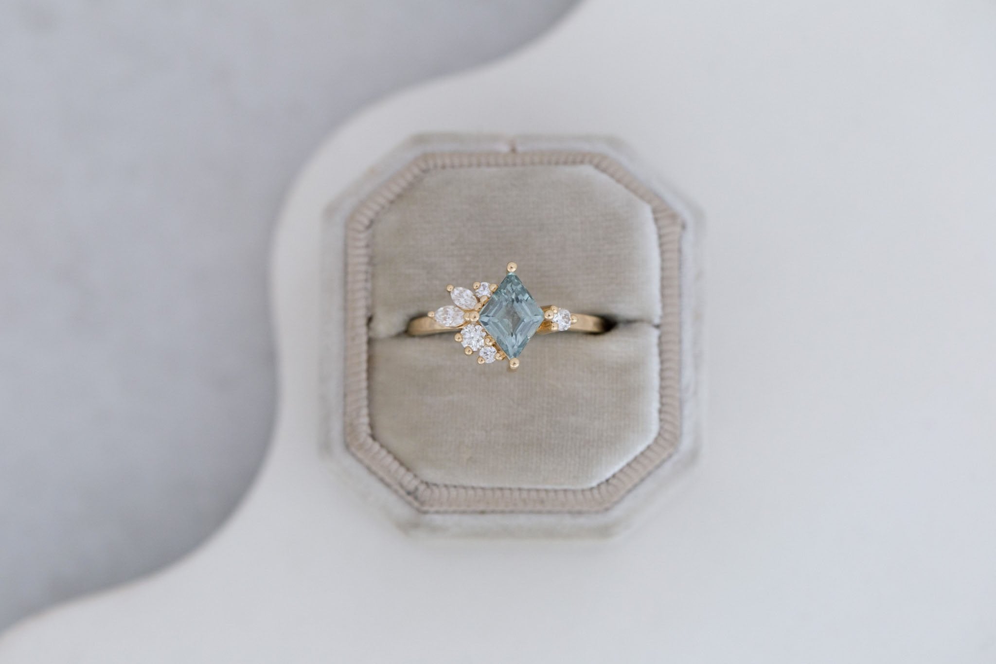 Alden Ring | Mint Montana Sapphire Rhombus + Diamond Cluster Engagement Ring 1.28 ct | 14k Recycled Gold | One of a Kind