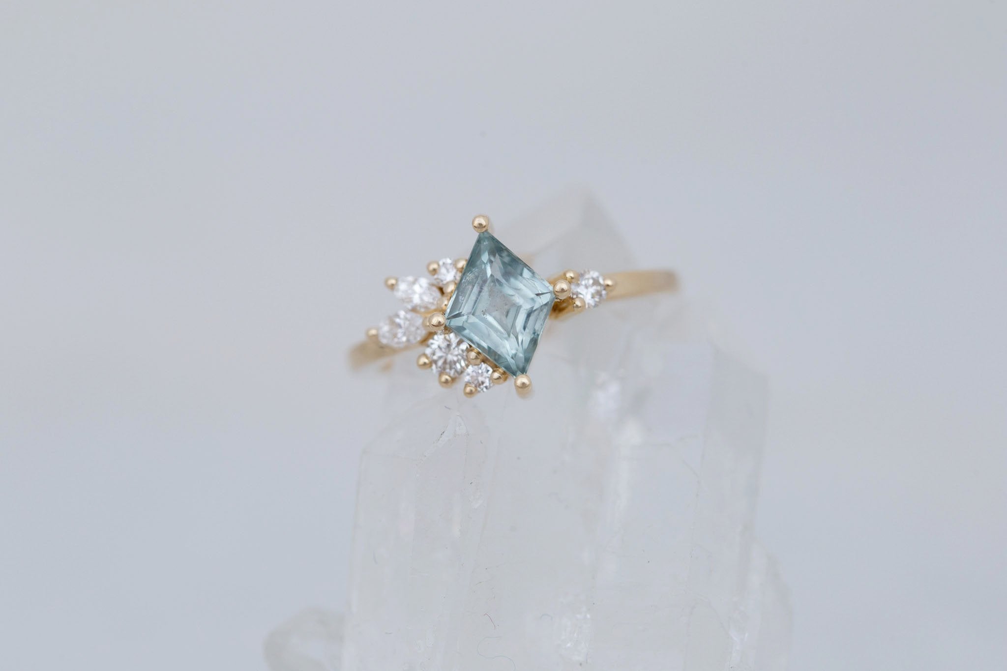 Alden Ring | Mint Montana Sapphire Rhombus + Diamond Cluster Engagement Ring 1.28 ct | 14k Recycled Gold | One of a Kind