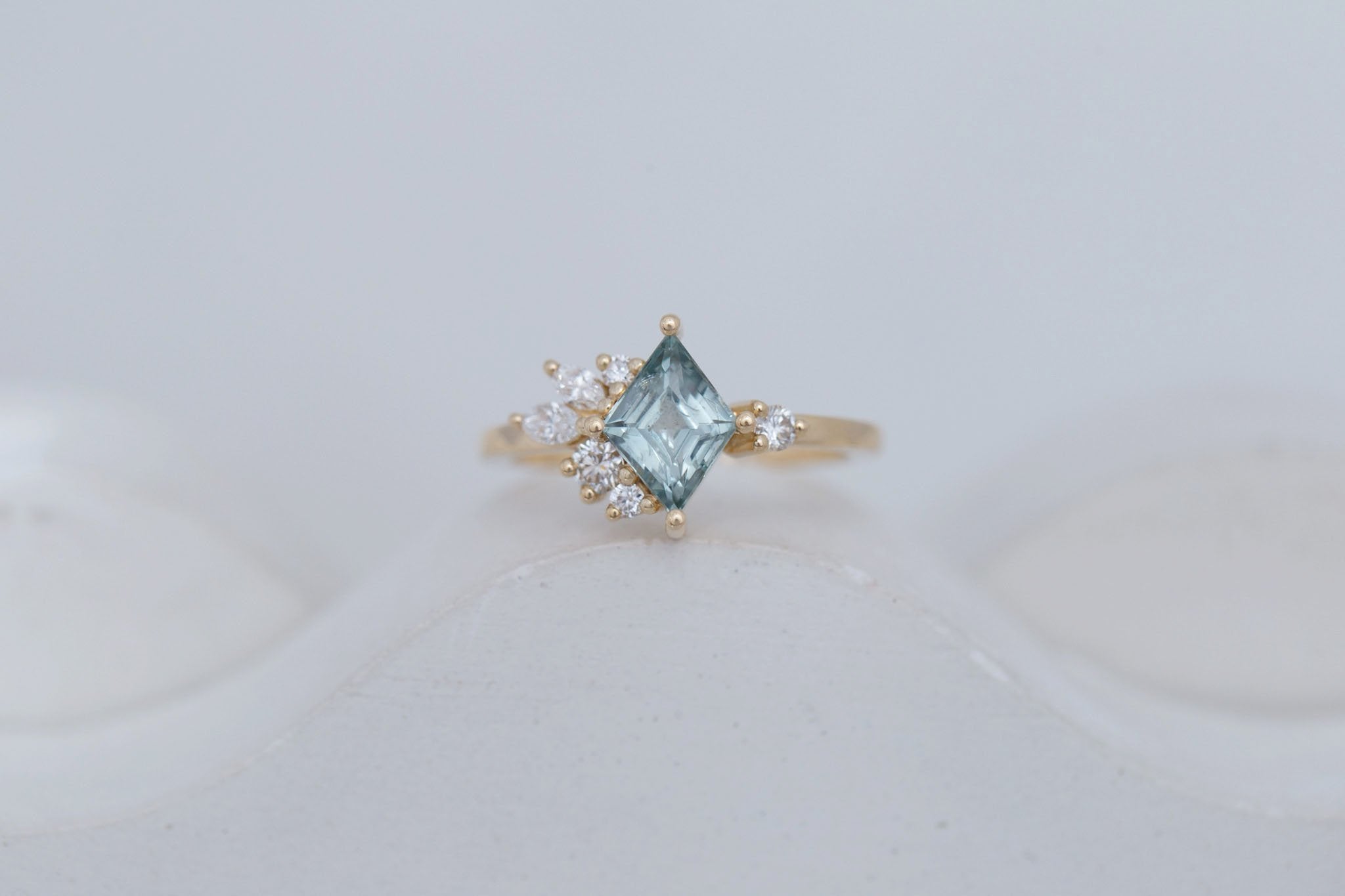 Alden Ring | Mint Montana Sapphire Rhombus + Diamond Cluster Engagement Ring 1.28 ct | 14k Recycled Gold | One of a Kind