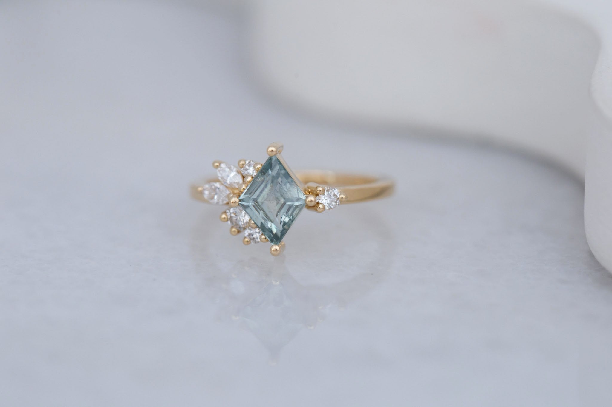 Alden Ring | Mint Montana Sapphire Rhombus + Diamond Cluster Engagement Ring 1.28 ct | 14k Recycled Gold | One of a Kind