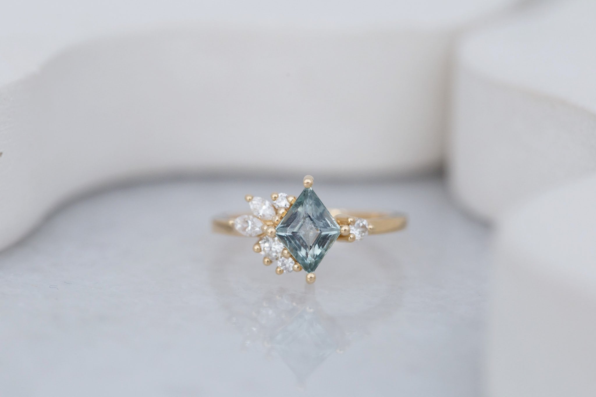 Alden Ring | Mint Montana Sapphire Rhombus + Diamond Cluster Engagement Ring 1.28 ct | 14k Recycled Gold | One of a Kind