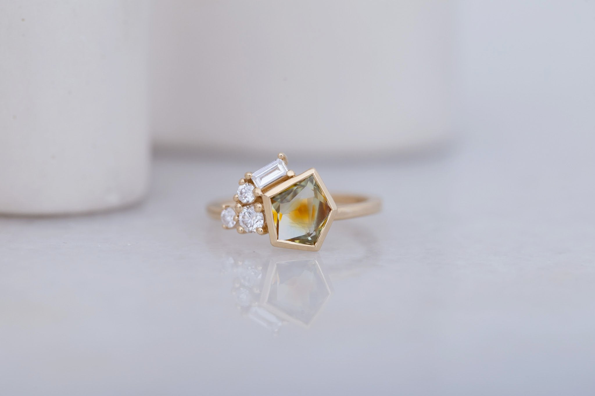 Sarria Ring | Bicolor Ochre Geocut Sapphire + Diamond Cluster Engagement Ring 1.29 ct | 14k Recycled Gold | One of a Kind