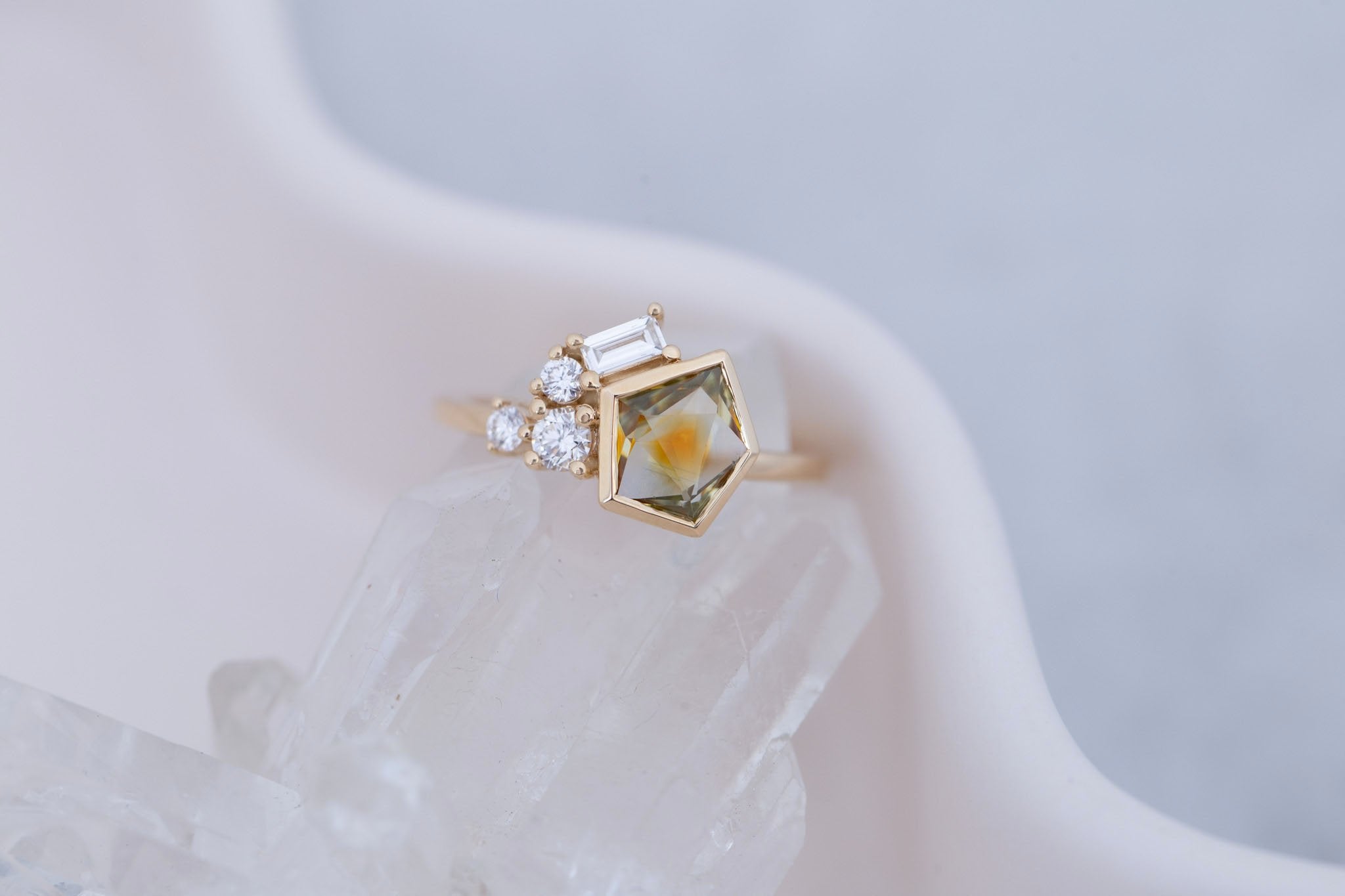 Sarria Ring | Bicolor Ochre Geocut Sapphire + Diamond Cluster Engagement Ring 1.29 ct | 14k Recycled Gold | One of a Kind