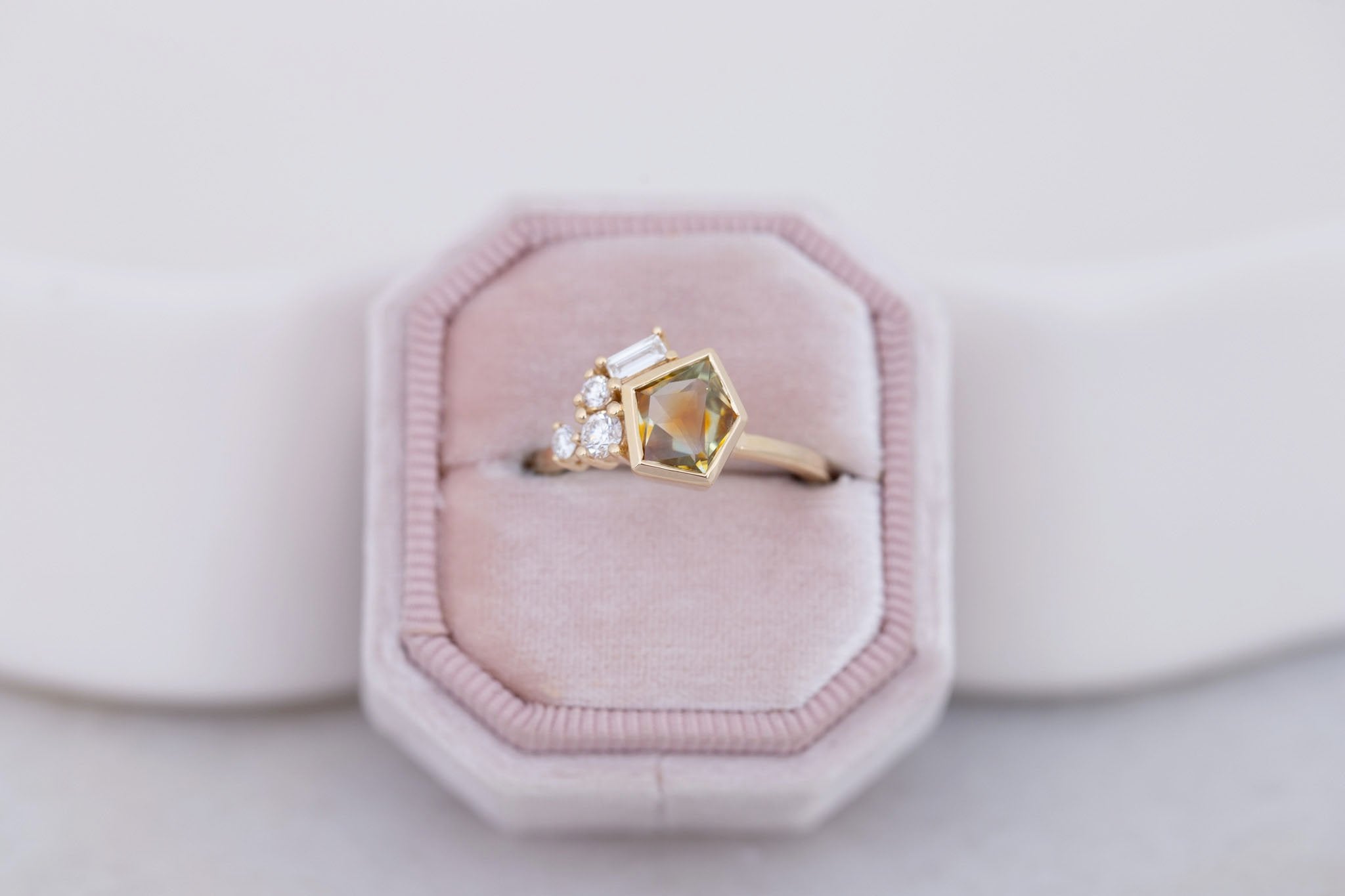 Sarria Ring | Bicolor Ochre Geocut Sapphire + Diamond Cluster Engagement Ring 1.29 ct | 14k Recycled Gold | One of a Kind