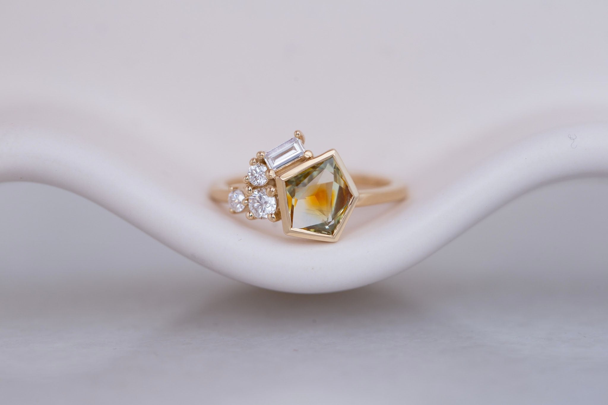 Sarria Ring | Bicolor Ochre Geocut Sapphire + Diamond Cluster Engagement Ring 1.29 ct | 14k Recycled Gold | One of a Kind