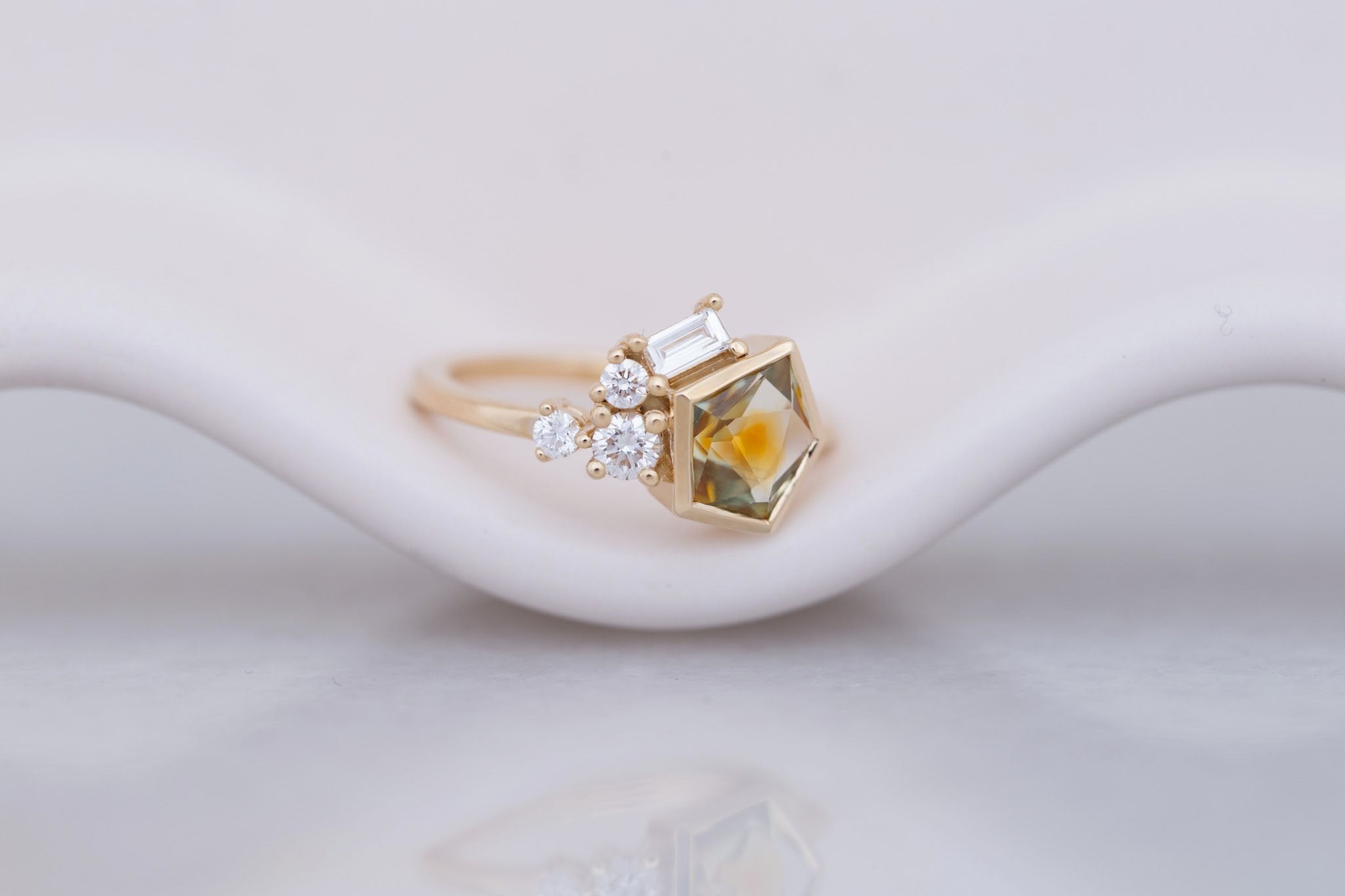 Sarria Ring | Bicolor Ochre Geocut Sapphire + Diamond Cluster Engagement Ring 1.29 ct | 14k Recycled Gold | One of a Kind