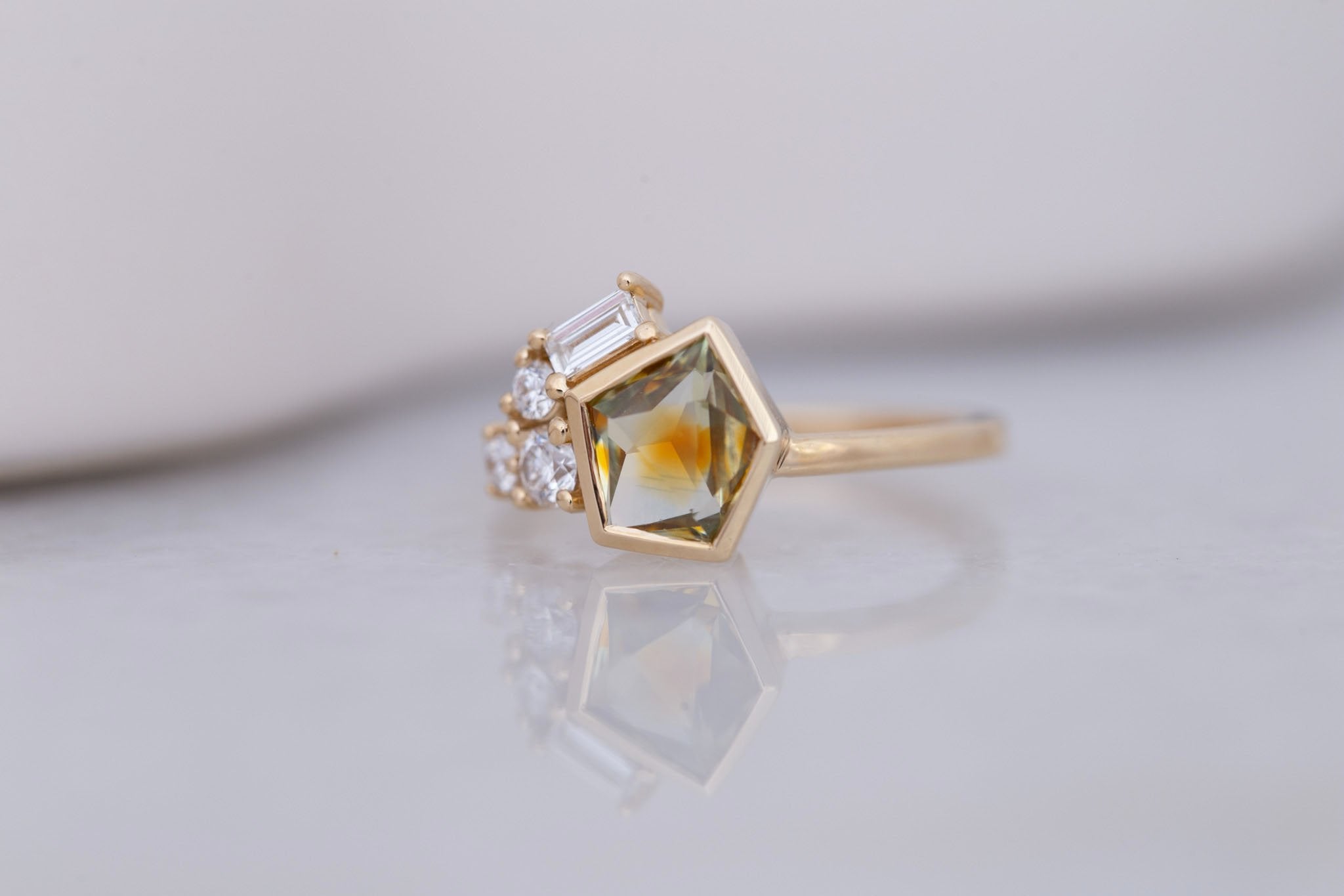 Sarria Ring | Bicolor Ochre Geocut Sapphire + Diamond Cluster Engagement Ring 1.29 ct | 14k Recycled Gold | One of a Kind