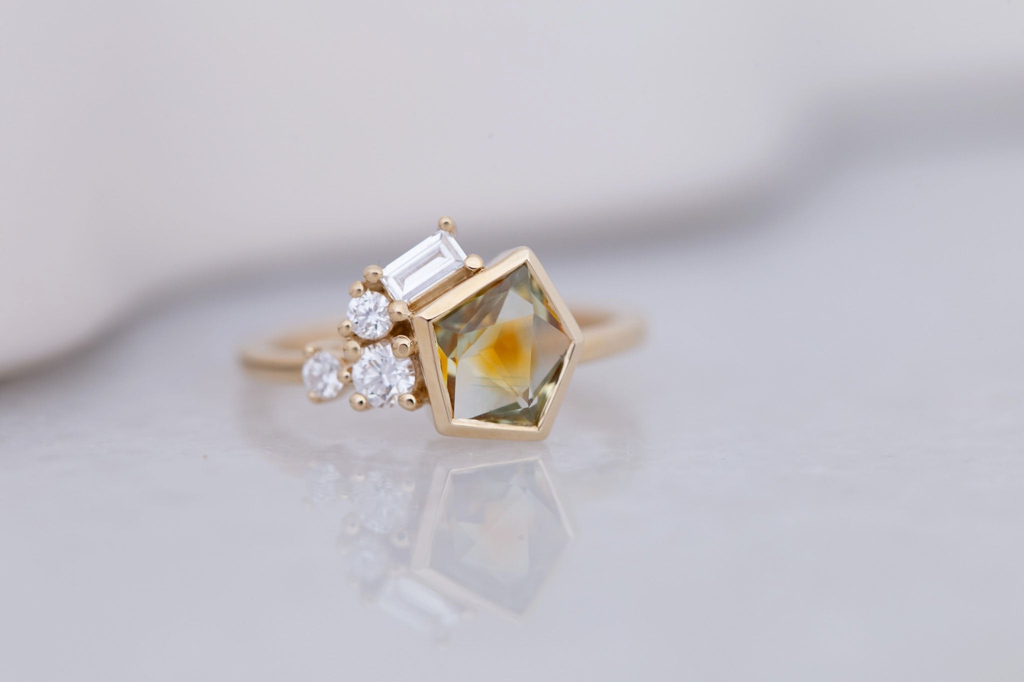 Sarria Ring | Bicolor Ochre Geocut Sapphire + Diamond Cluster Engagement Ring 1.29 ct | 14k Recycled Gold | One of a Kind