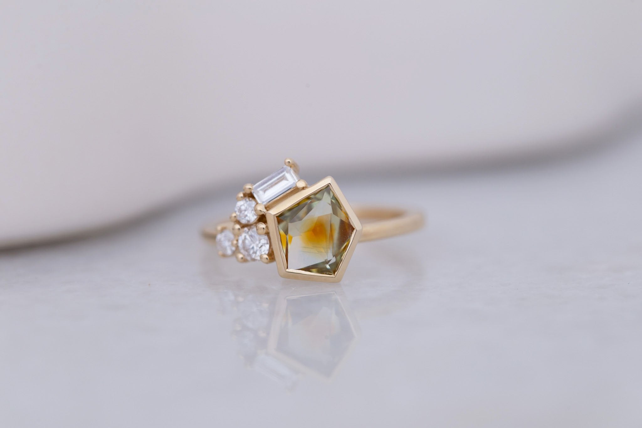 Sarria Ring | Bicolor Ochre Geocut Sapphire + Diamond Cluster Engagement Ring 1.29 ct | 14k Recycled Gold | One of a Kind