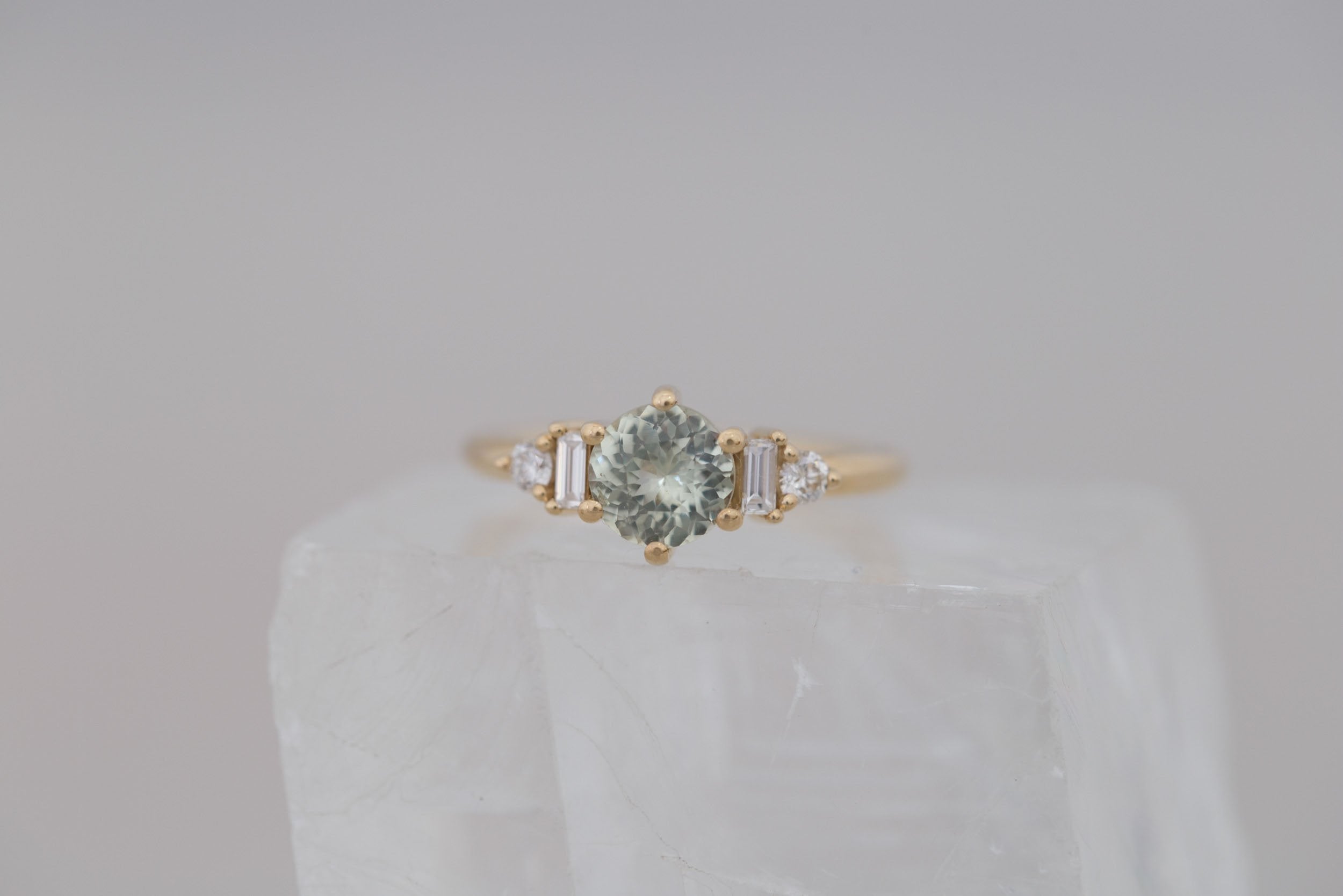 Alsea Ring | Mint Round Sapphire + Baguette and Round Diamond Accent Engagement Ring 1.29 ct | 14k Recycled Yellow Gold | One of a Kind