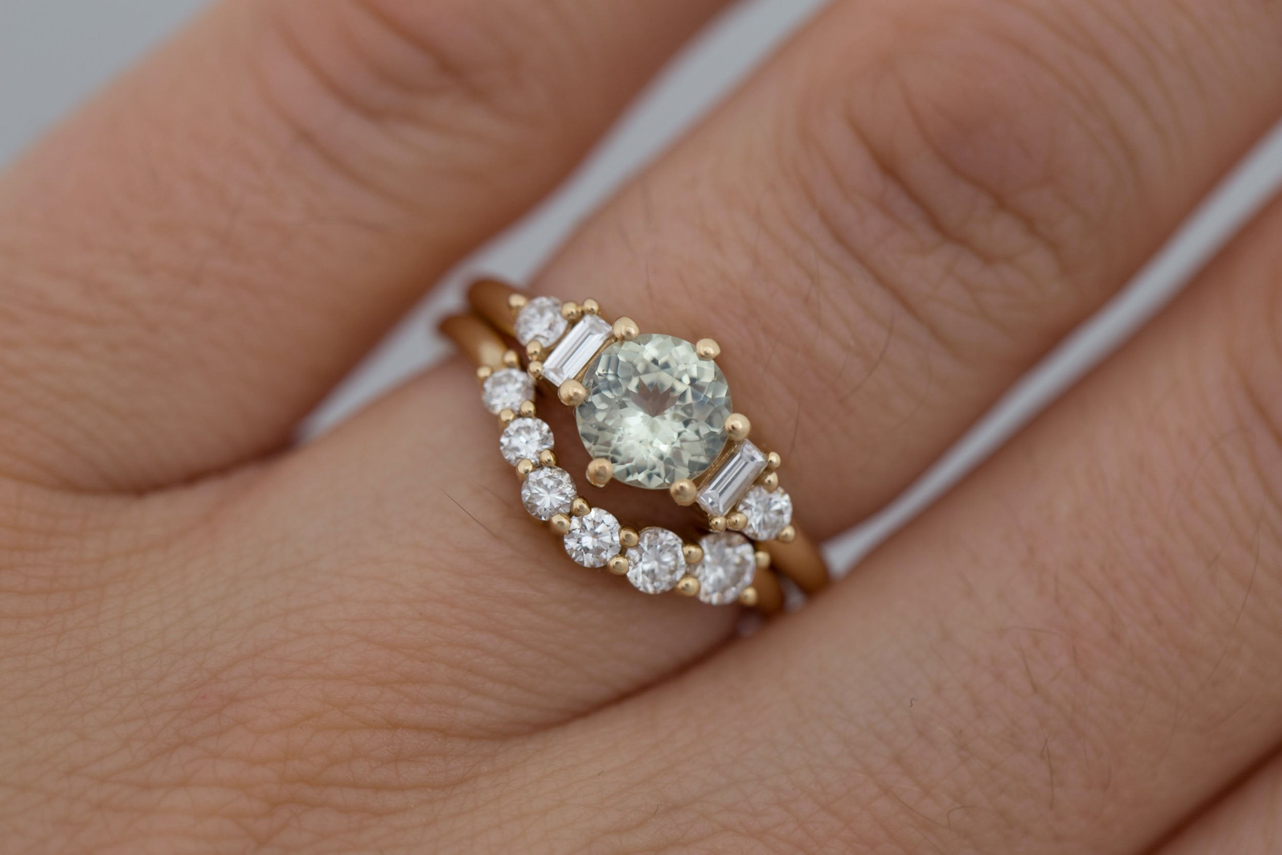 Alsea Ring | Mint Round Sapphire + Baguette and Round Diamond Accent Engagement Ring 1.29 ct | 14k Recycled Yellow Gold | One of a Kind