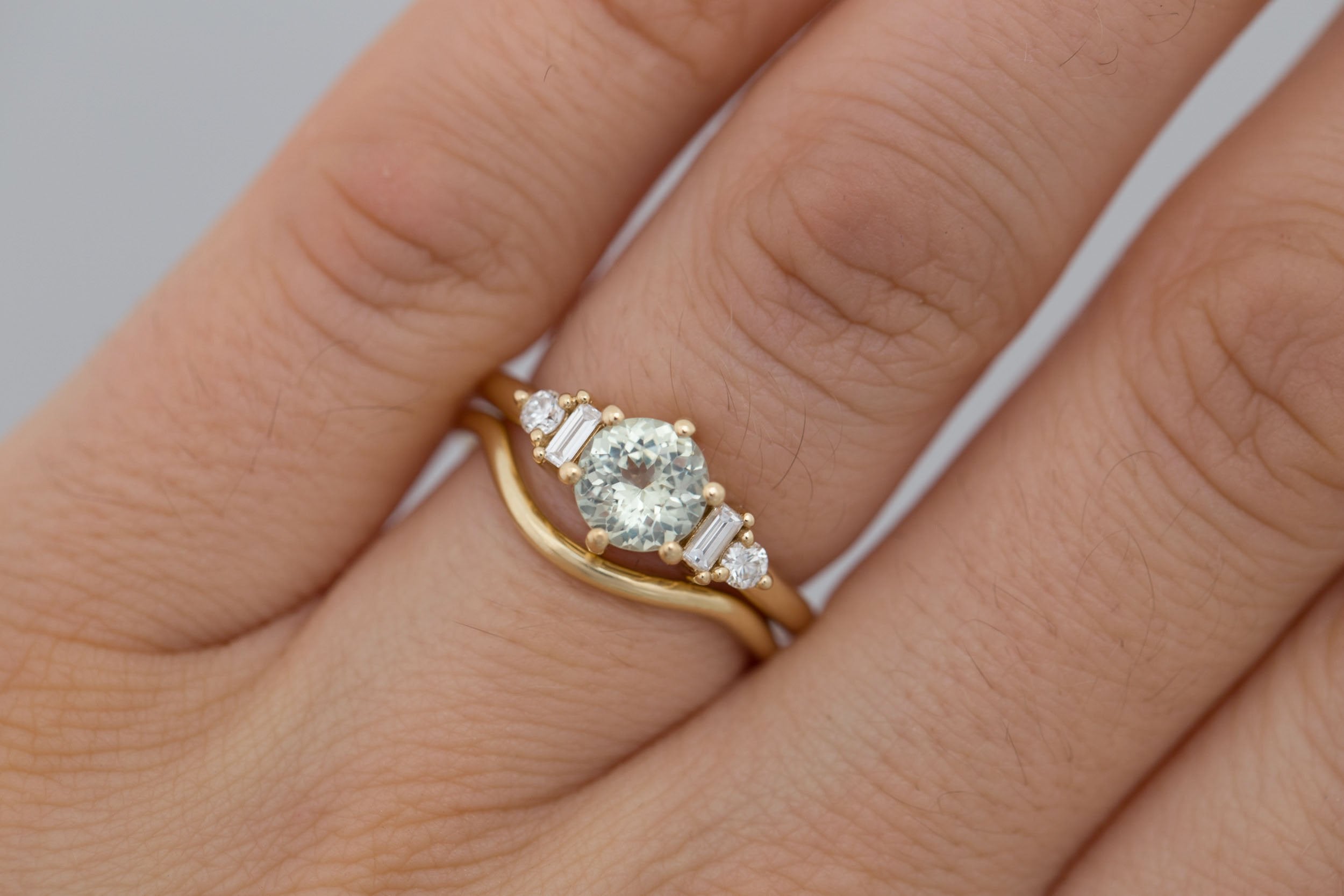 Alsea Ring | Mint Round Sapphire + Baguette and Round Diamond Accent Engagement Ring 1.29 ct | 14k Recycled Yellow Gold | One of a Kind